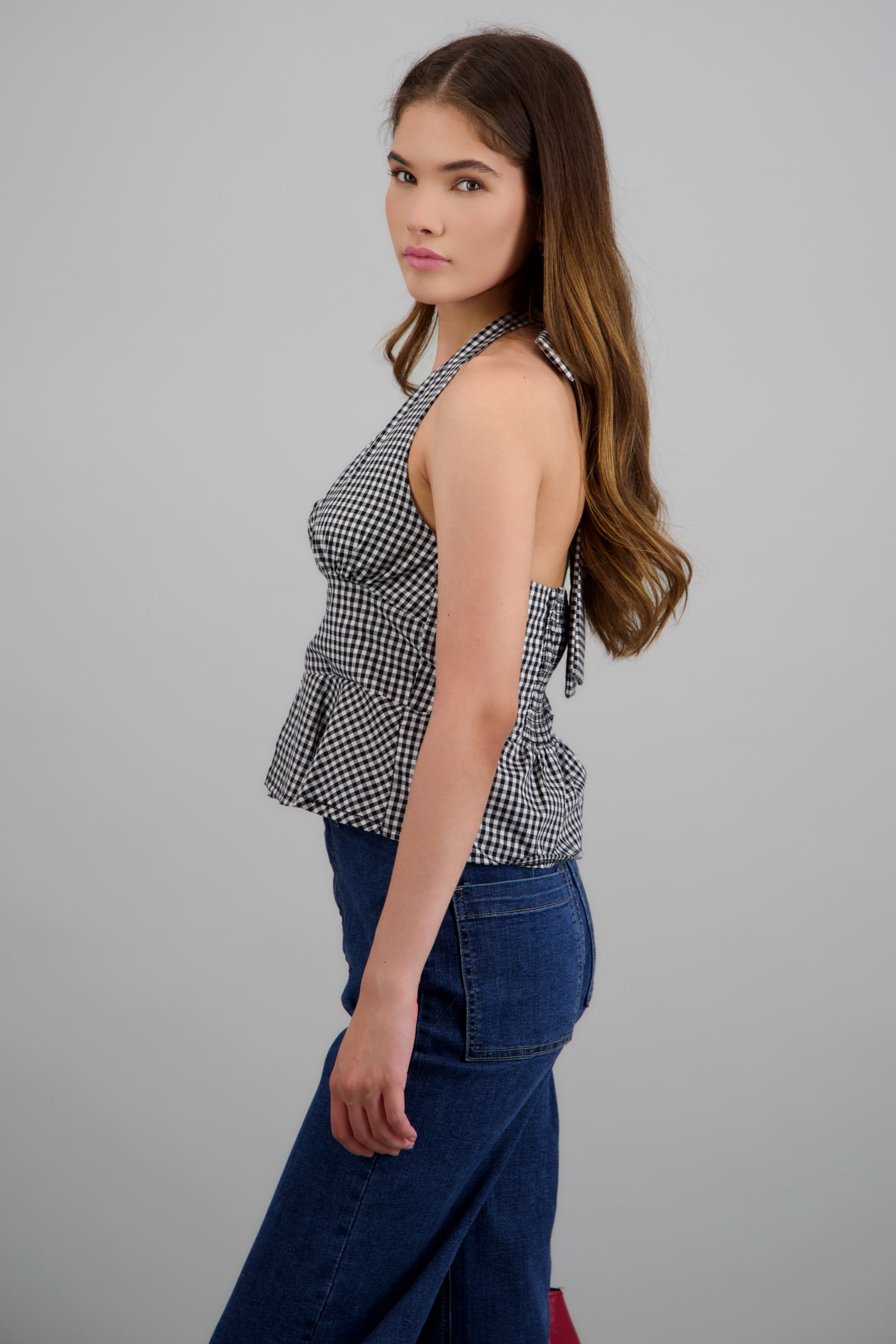 Top halter detalle botones gingham NEGRO COMBO