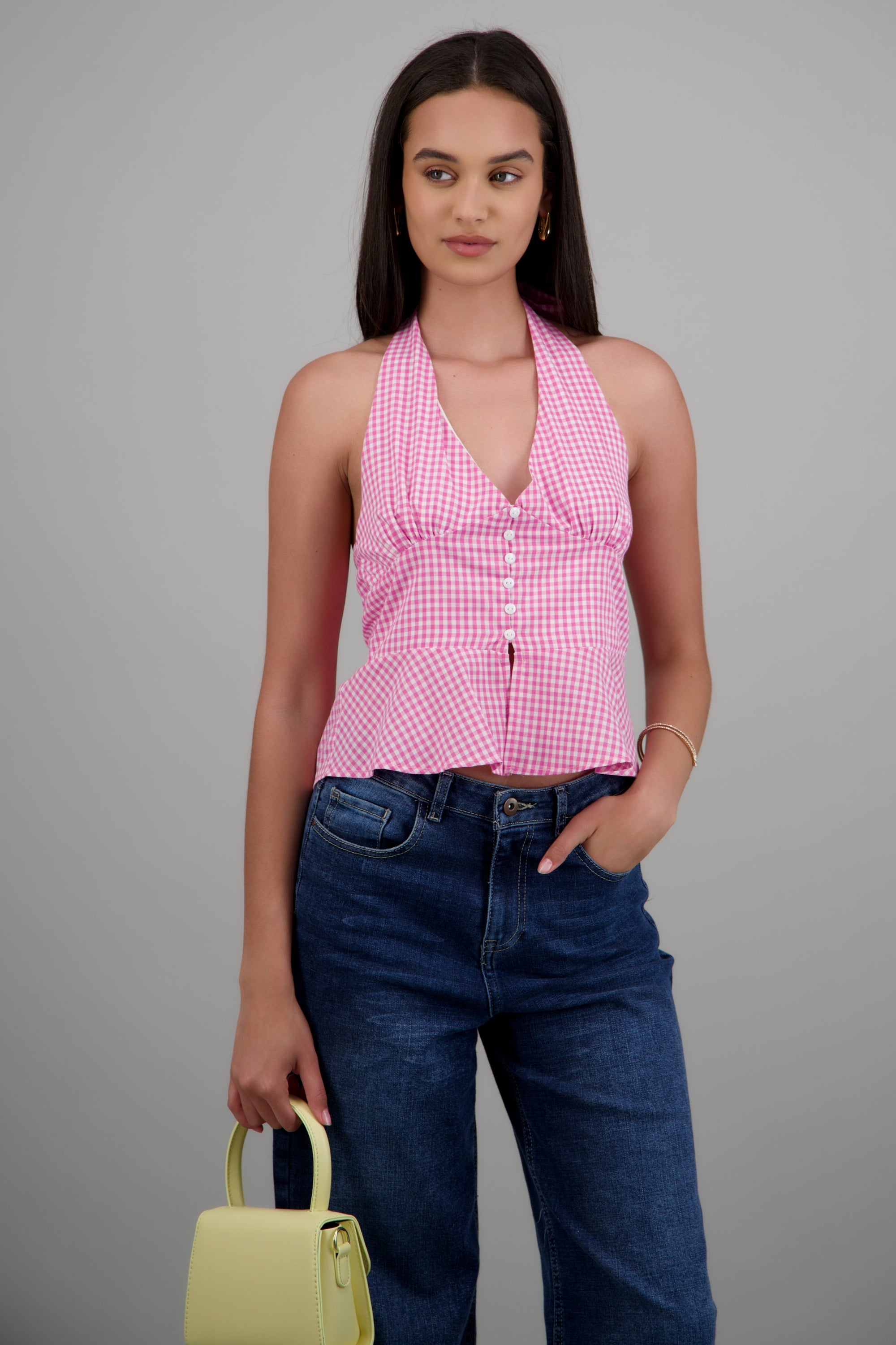 Top halter detalle botones gingham ROSA COMBO