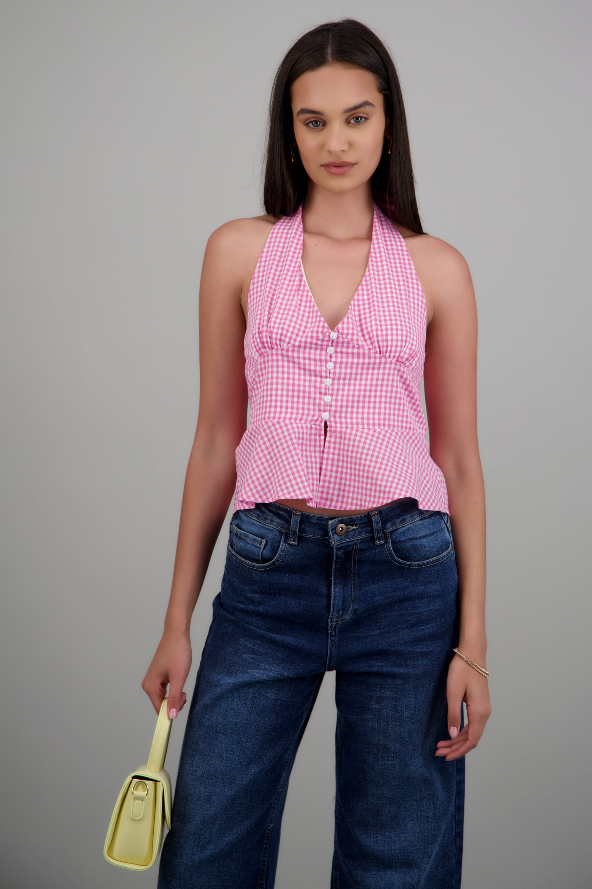 Top halter detalle botones gingham ROSA COMBO