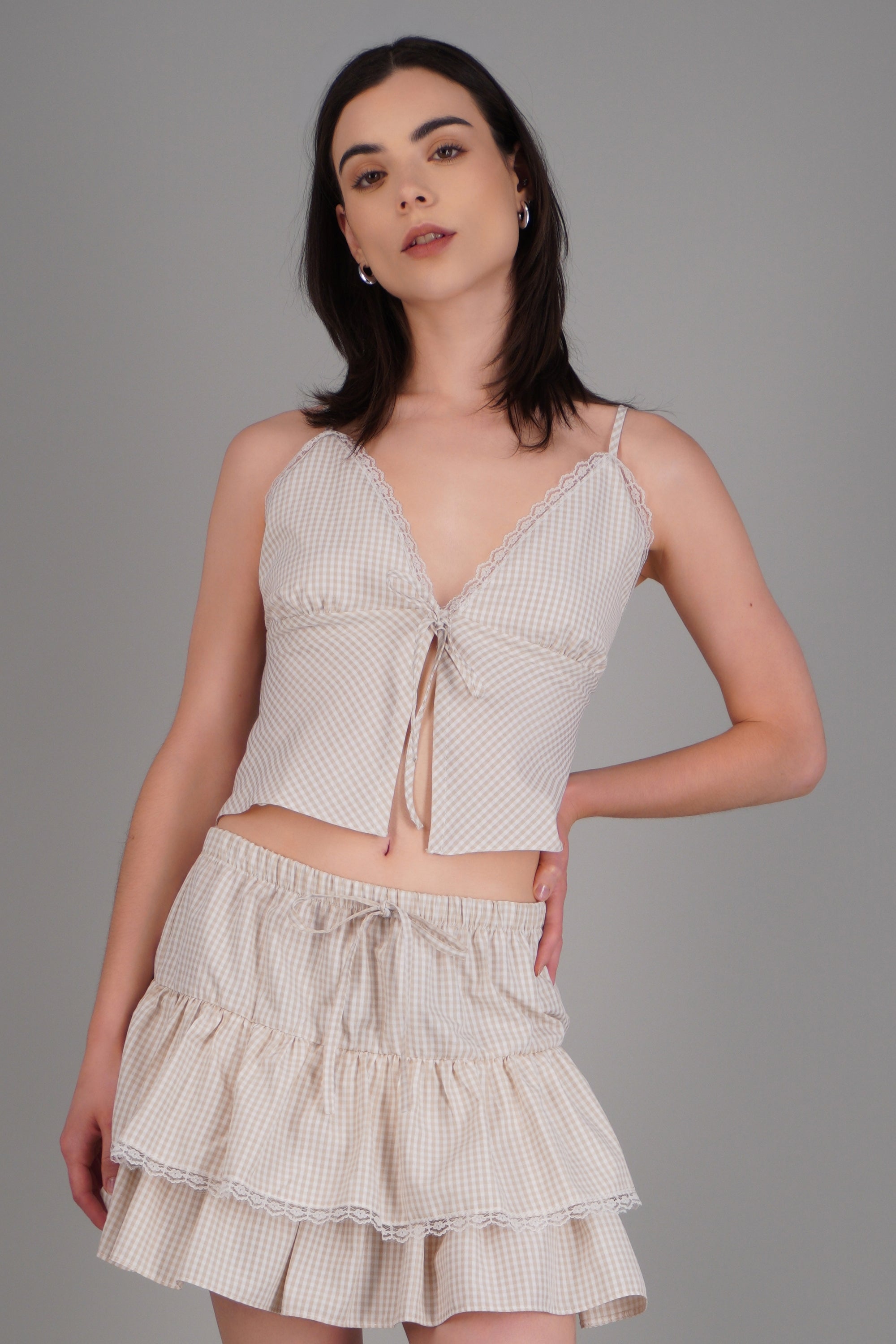 Top tirantes cuadros BEIGE