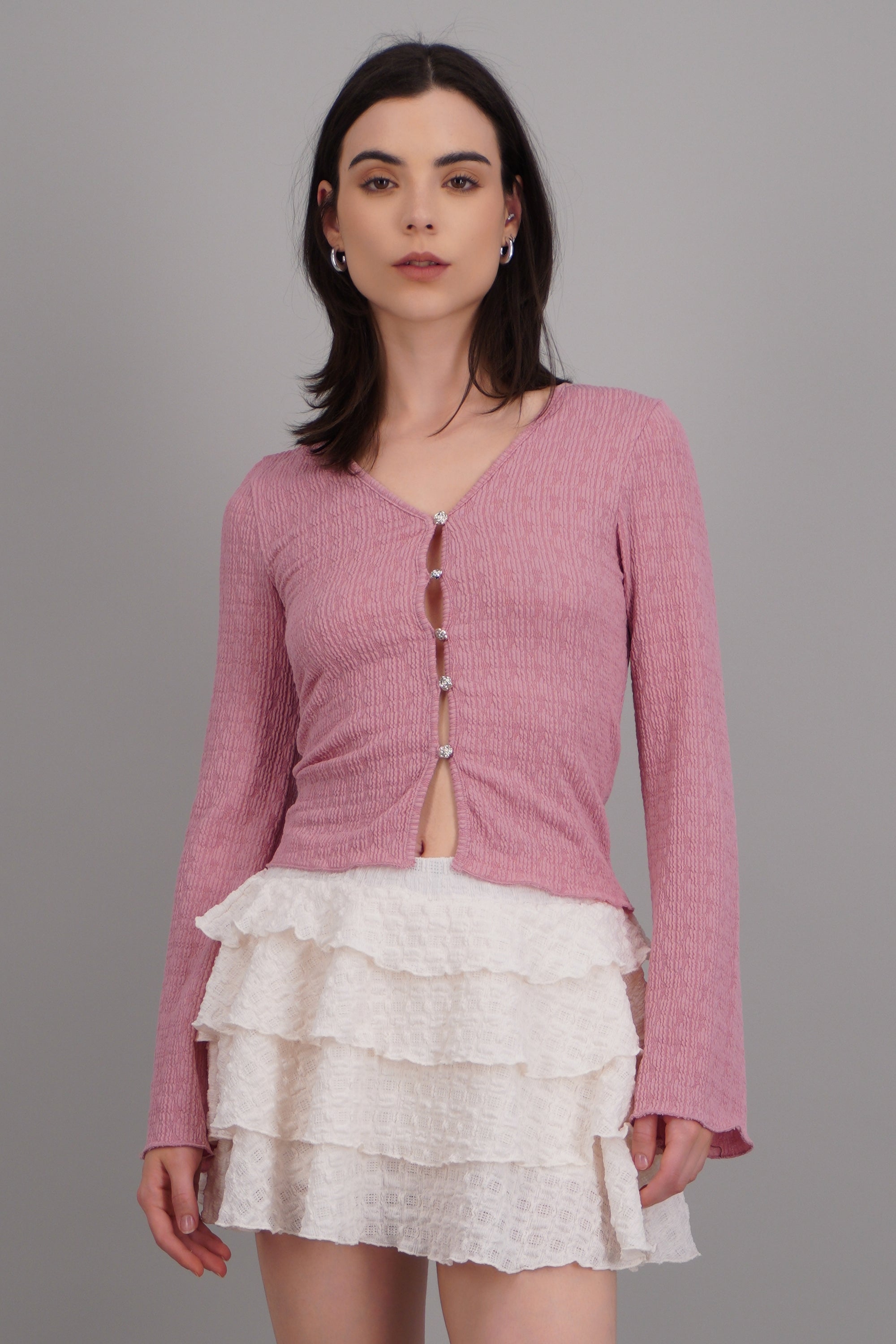 Blusa manga larga detalle textura y botones ROSA PASTEL