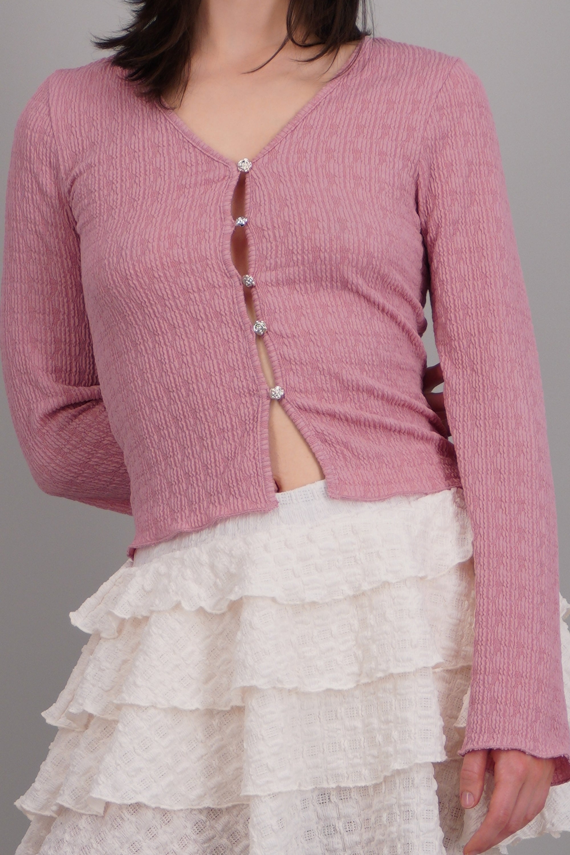 Blusa manga larga detalle textura y botones ROSA PASTEL