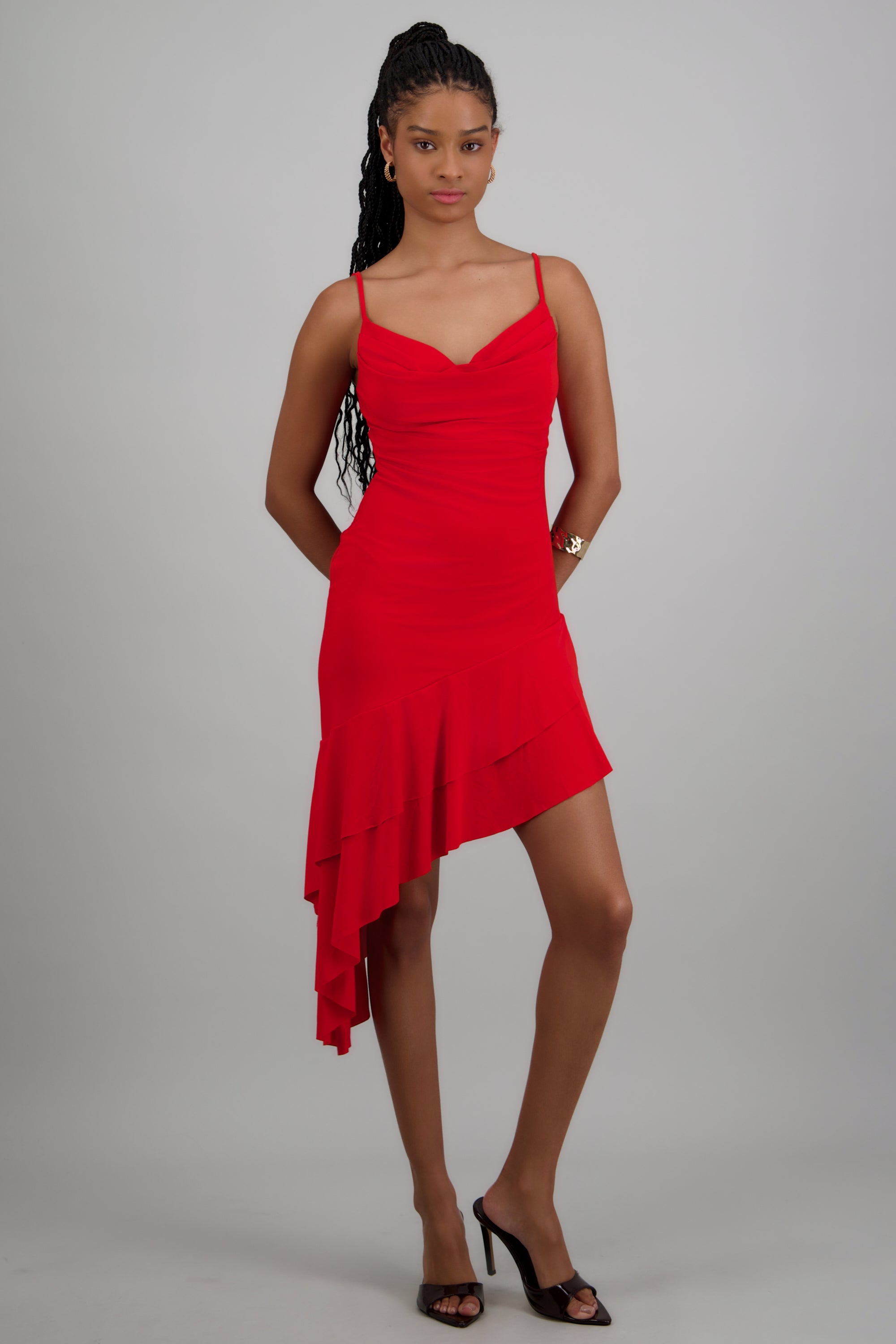 Vestido asimétrico cuello cascada tirantes ROJO