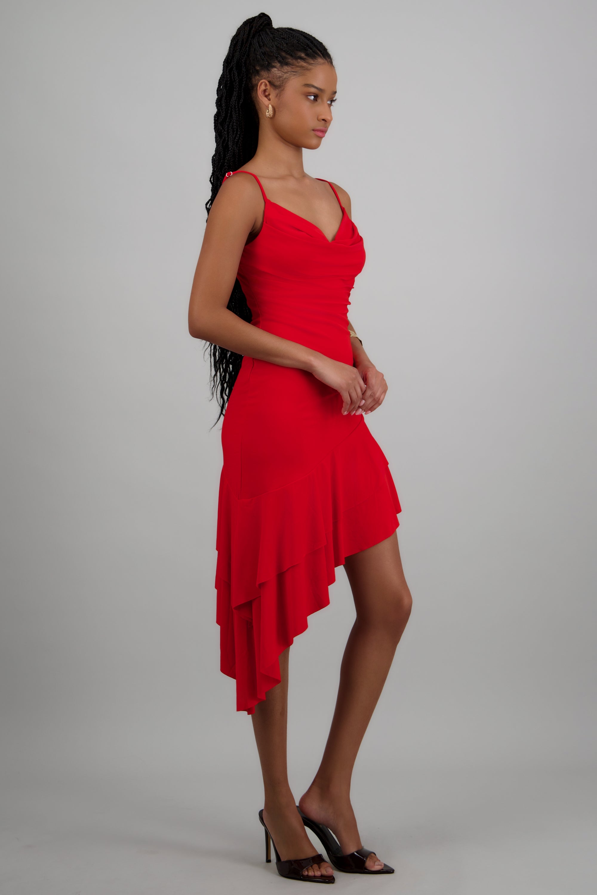 Vestido asimétrico cuello cascada tirantes ROJO