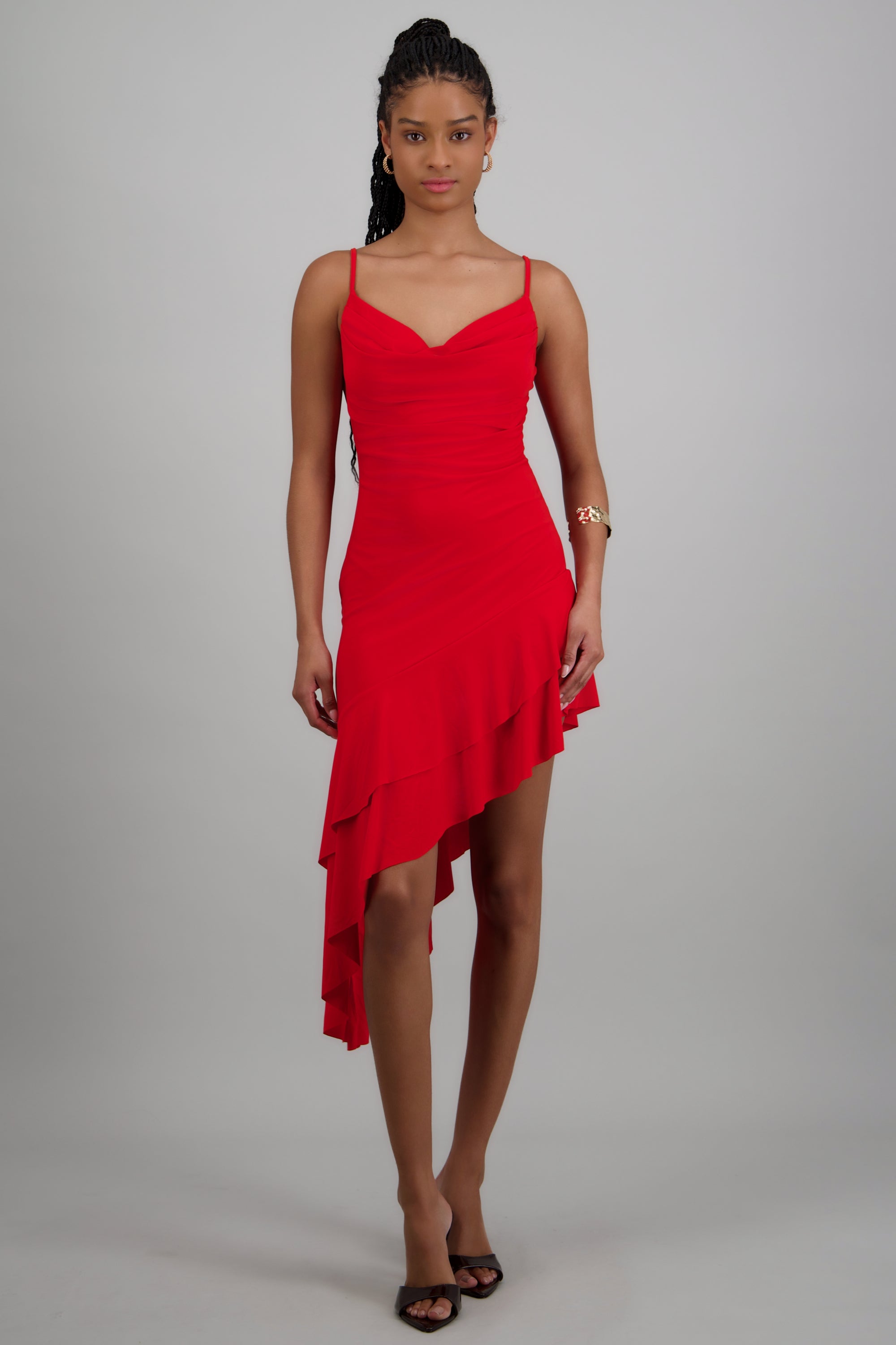 Vestido asimétrico cuello cascada tirantes ROJO