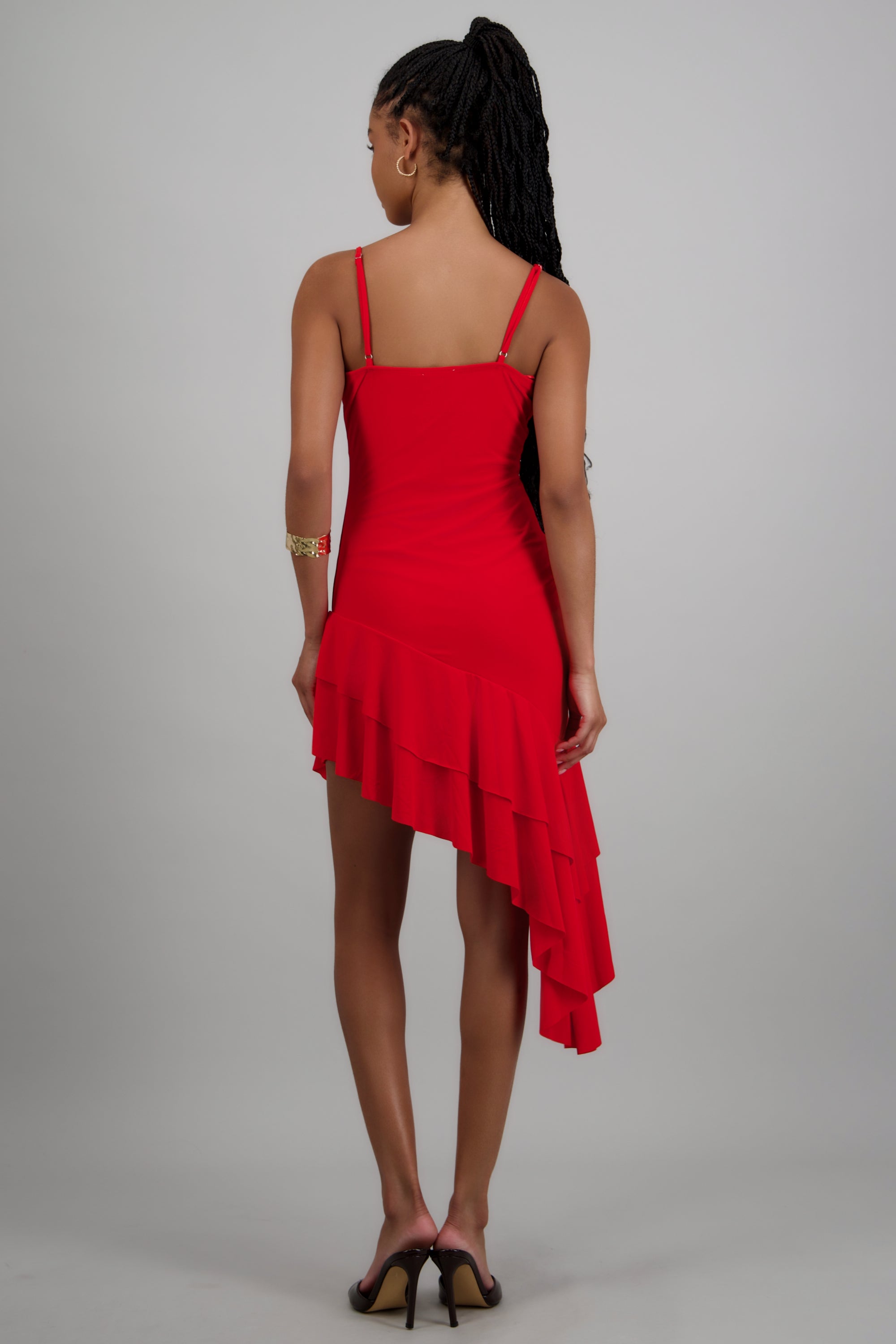 Vestido asimétrico cuello cascada tirantes ROJO