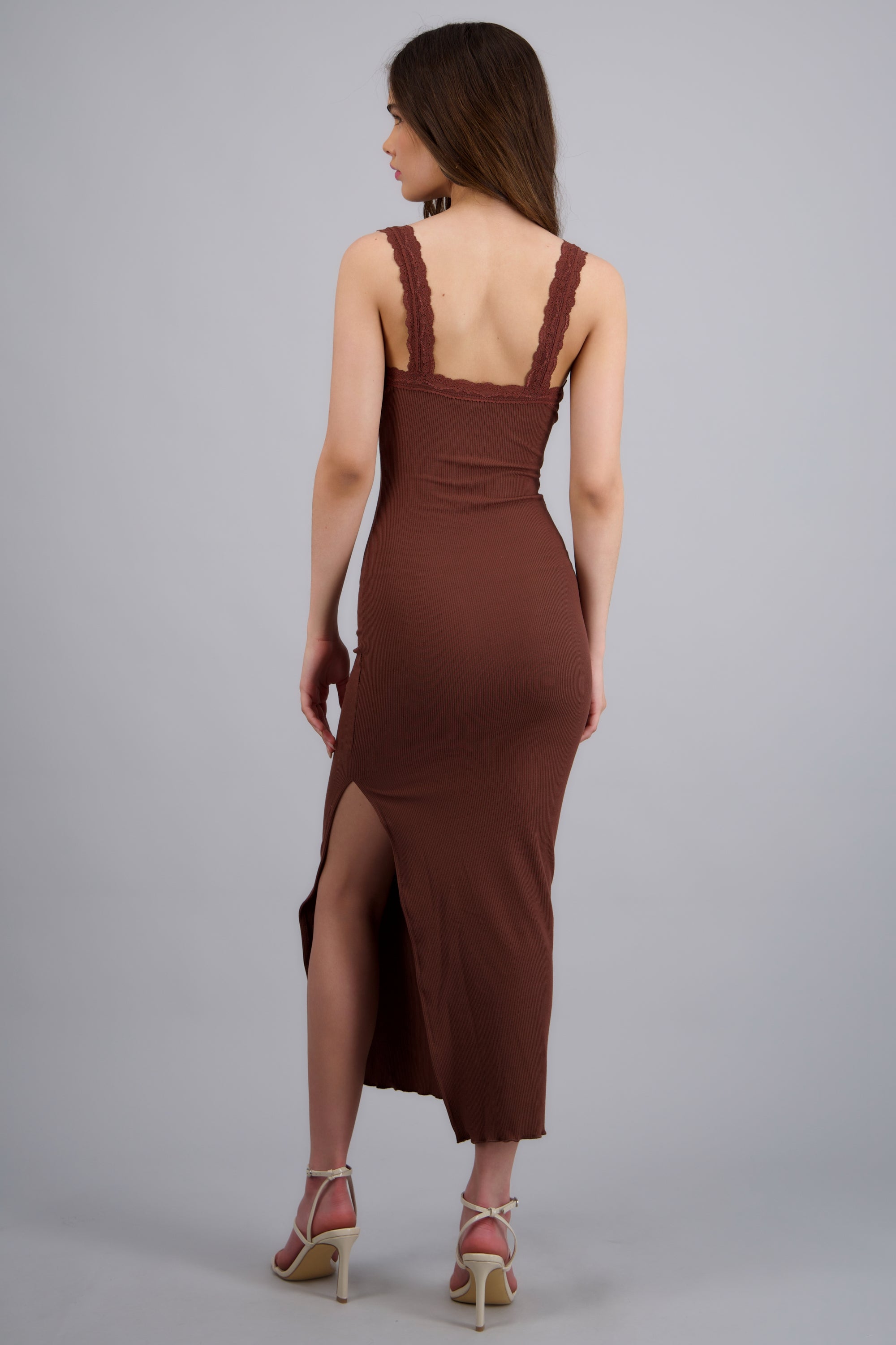 Vestido maxi detalle moño rib CAFE