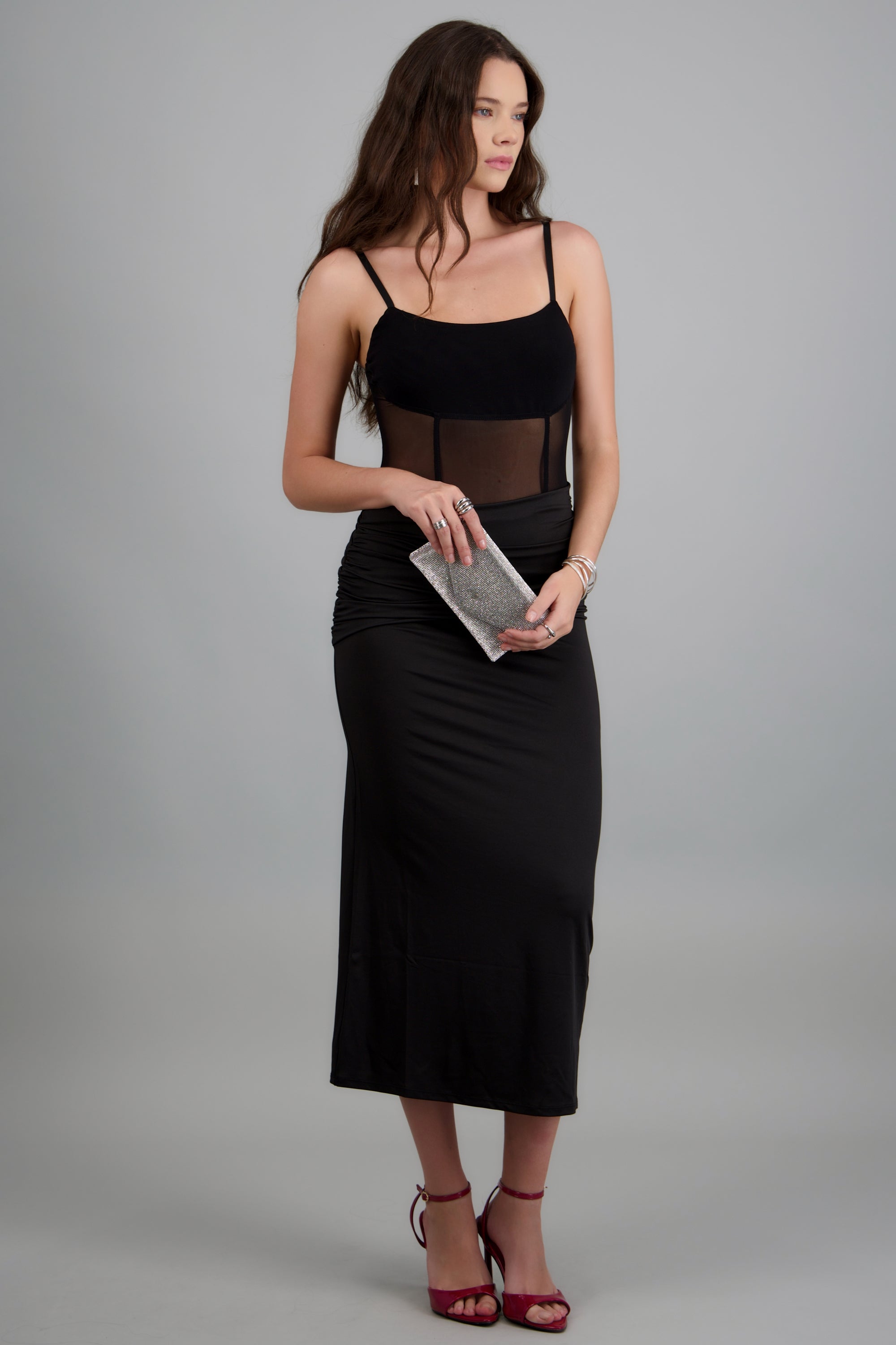 Vestido maxi tirantes detalle de contraste mesh NEGRO