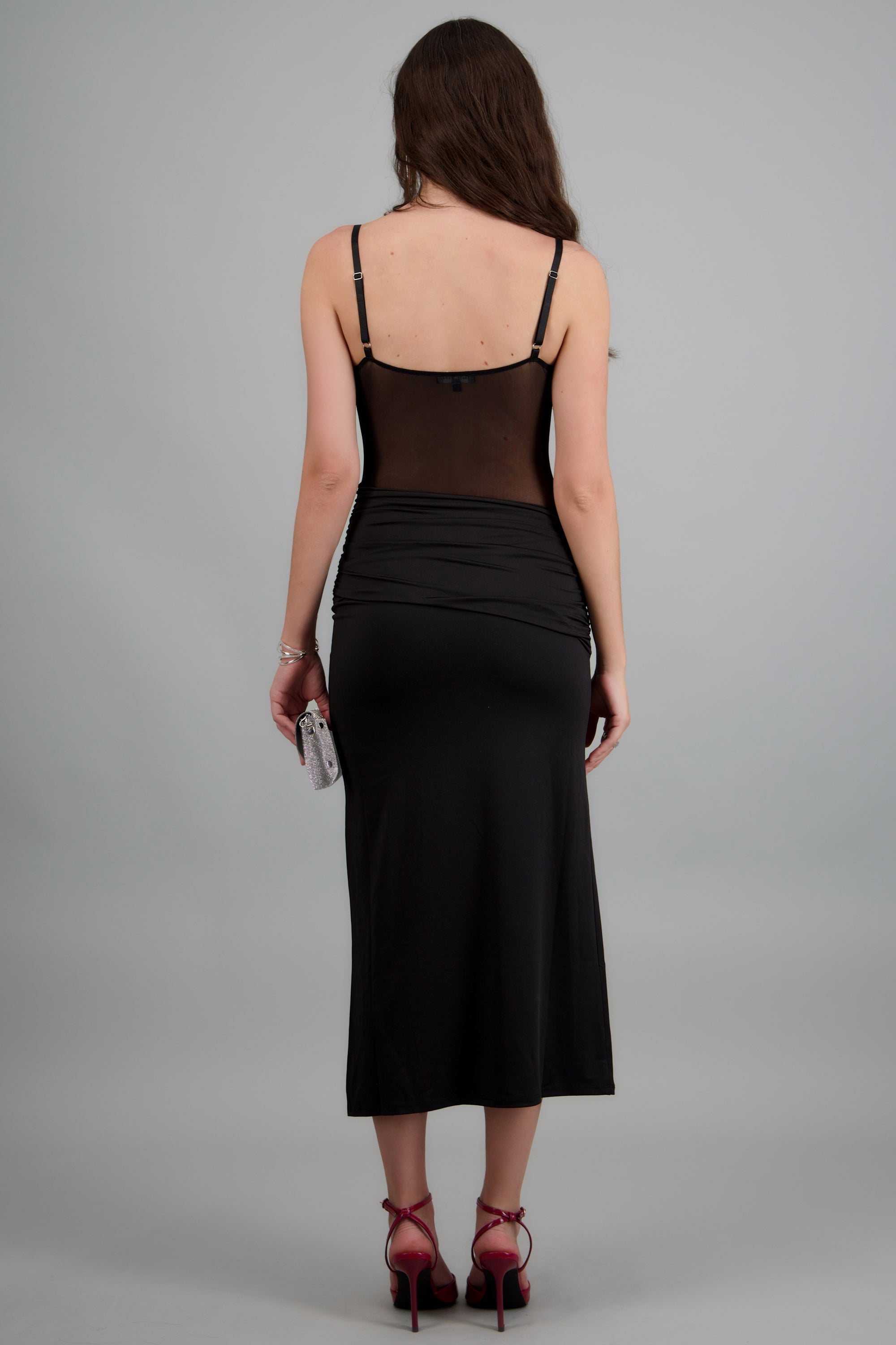 Vestido maxi tirantes detalle de contraste mesh NEGRO