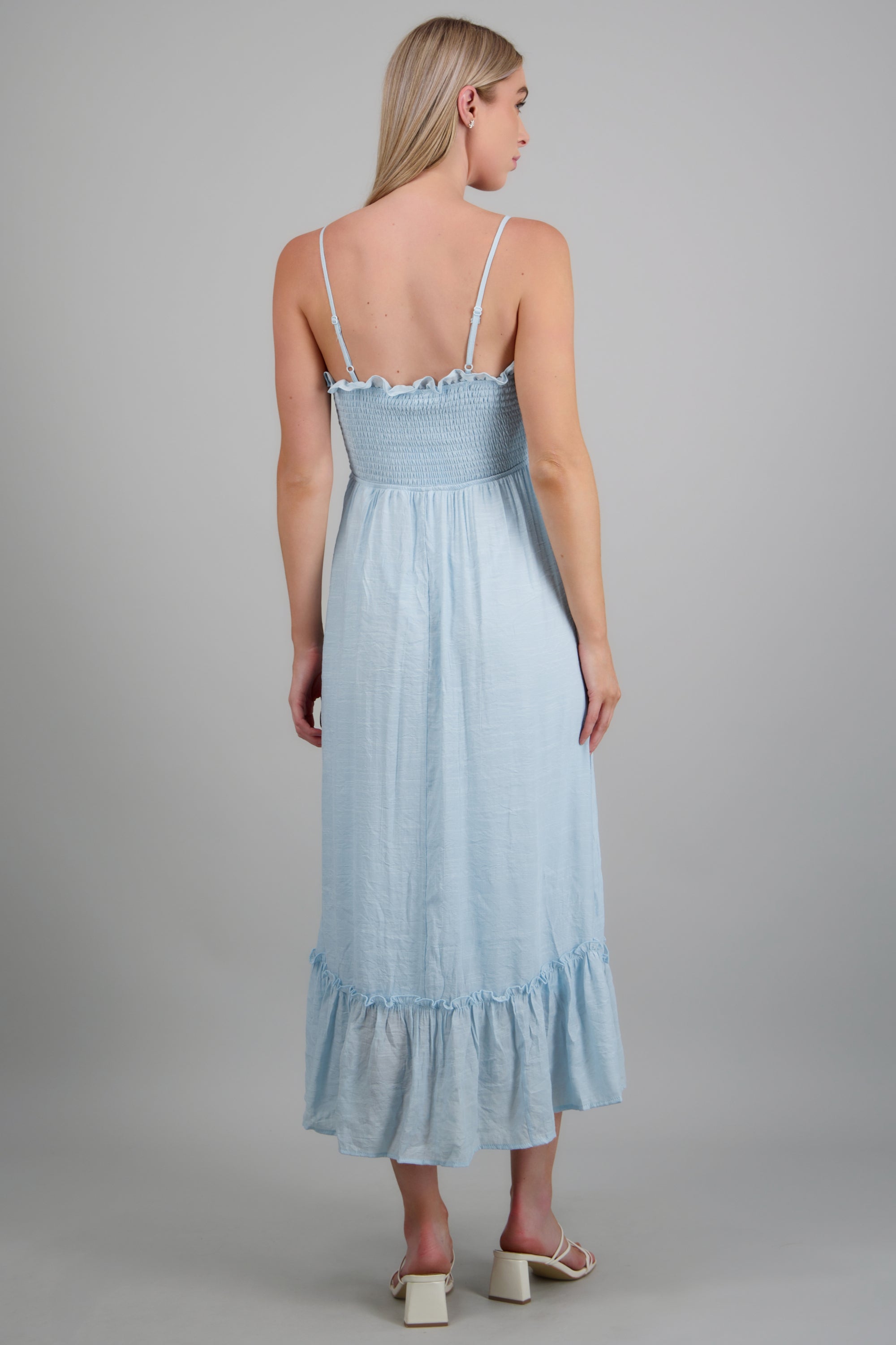Vestido maxi frunce detalle moños AZUL PASTEL