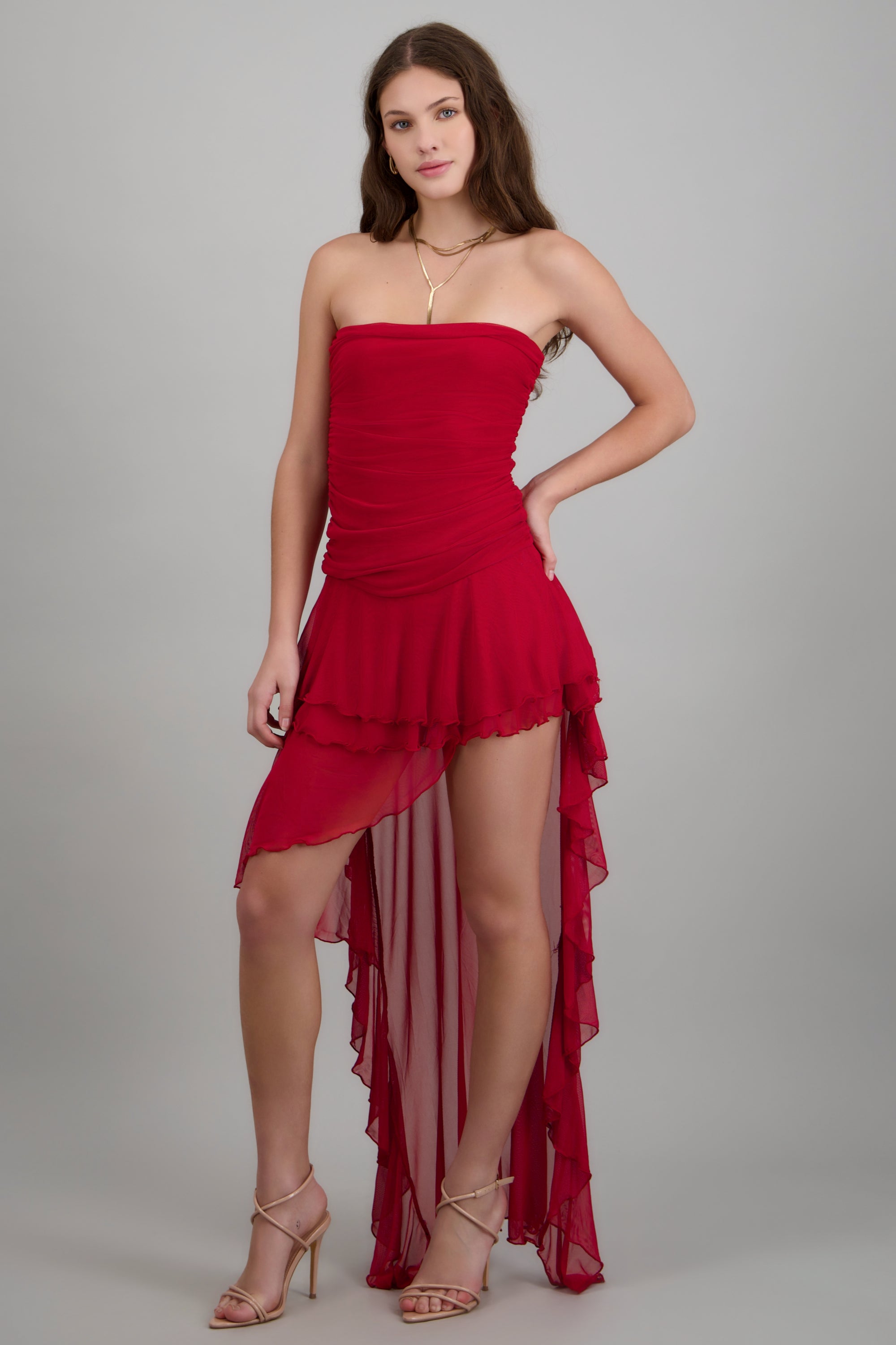 Vestido strapless con olanes ROJO