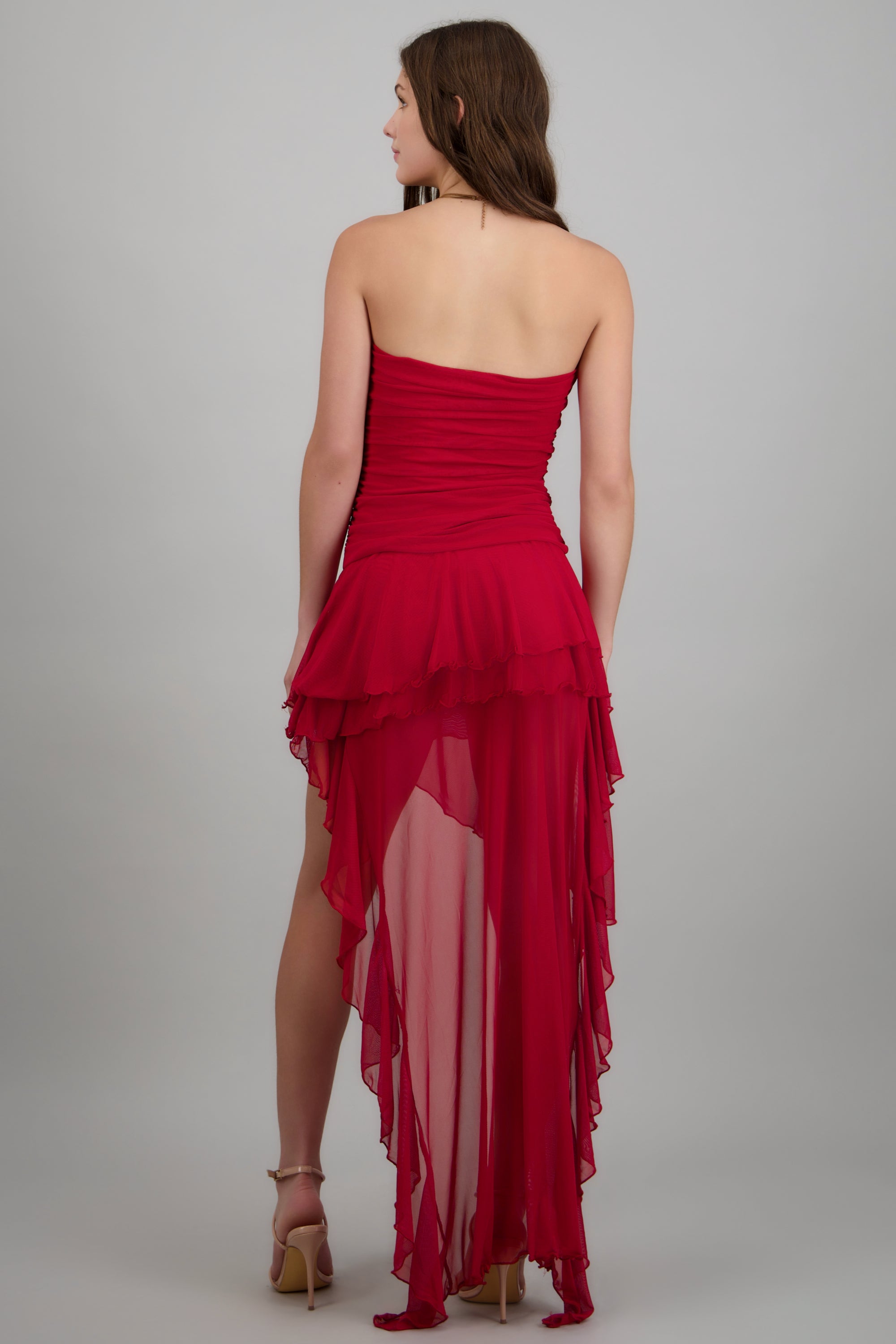Vestido strapless con olanes ROJO