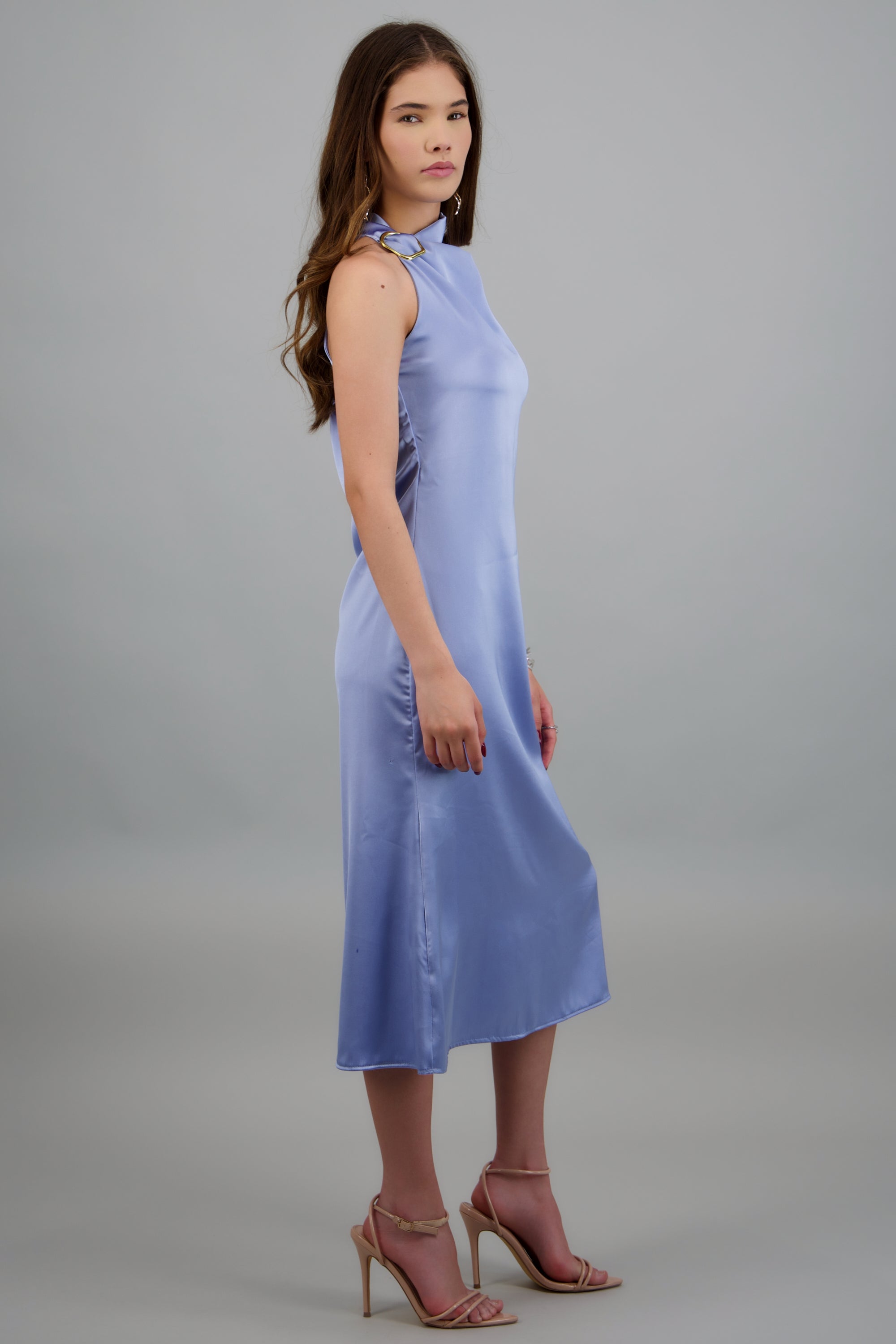 Vestido midi satinado hebilla irregular AZUL PASTEL