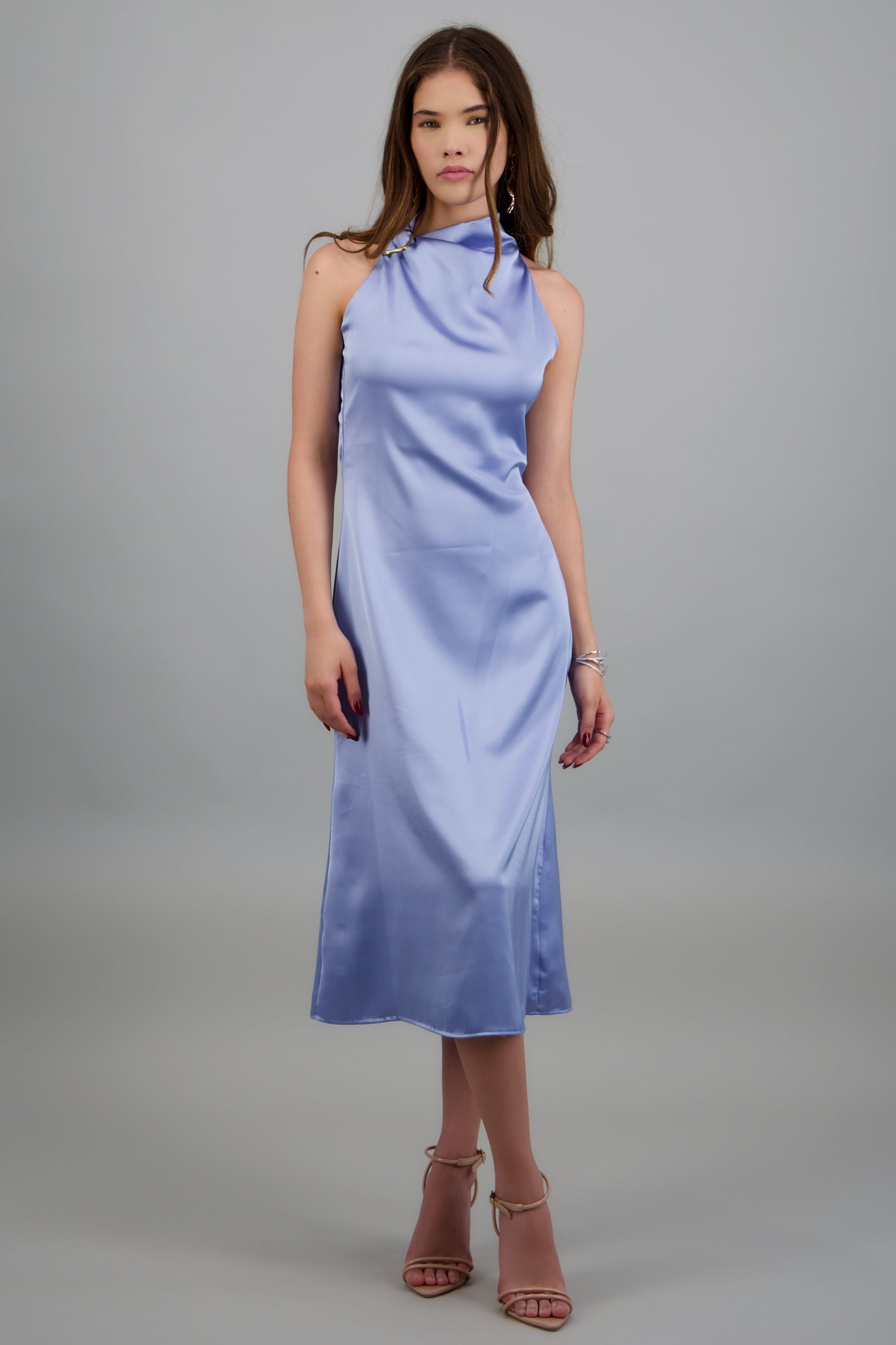Vestido midi satinado hebilla irregular AZUL PASTEL
