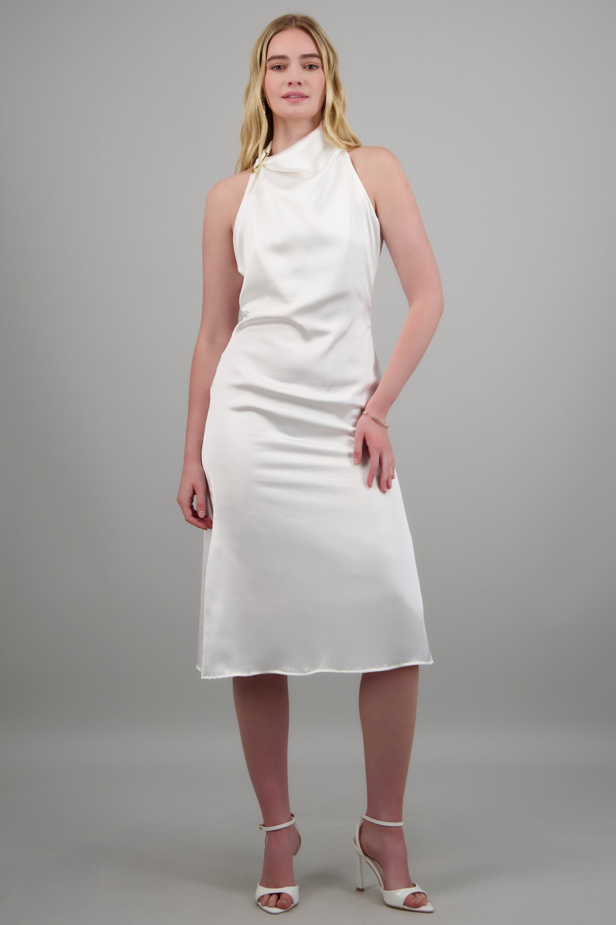 Vestido midi satinado hebilla irregular BLANCO