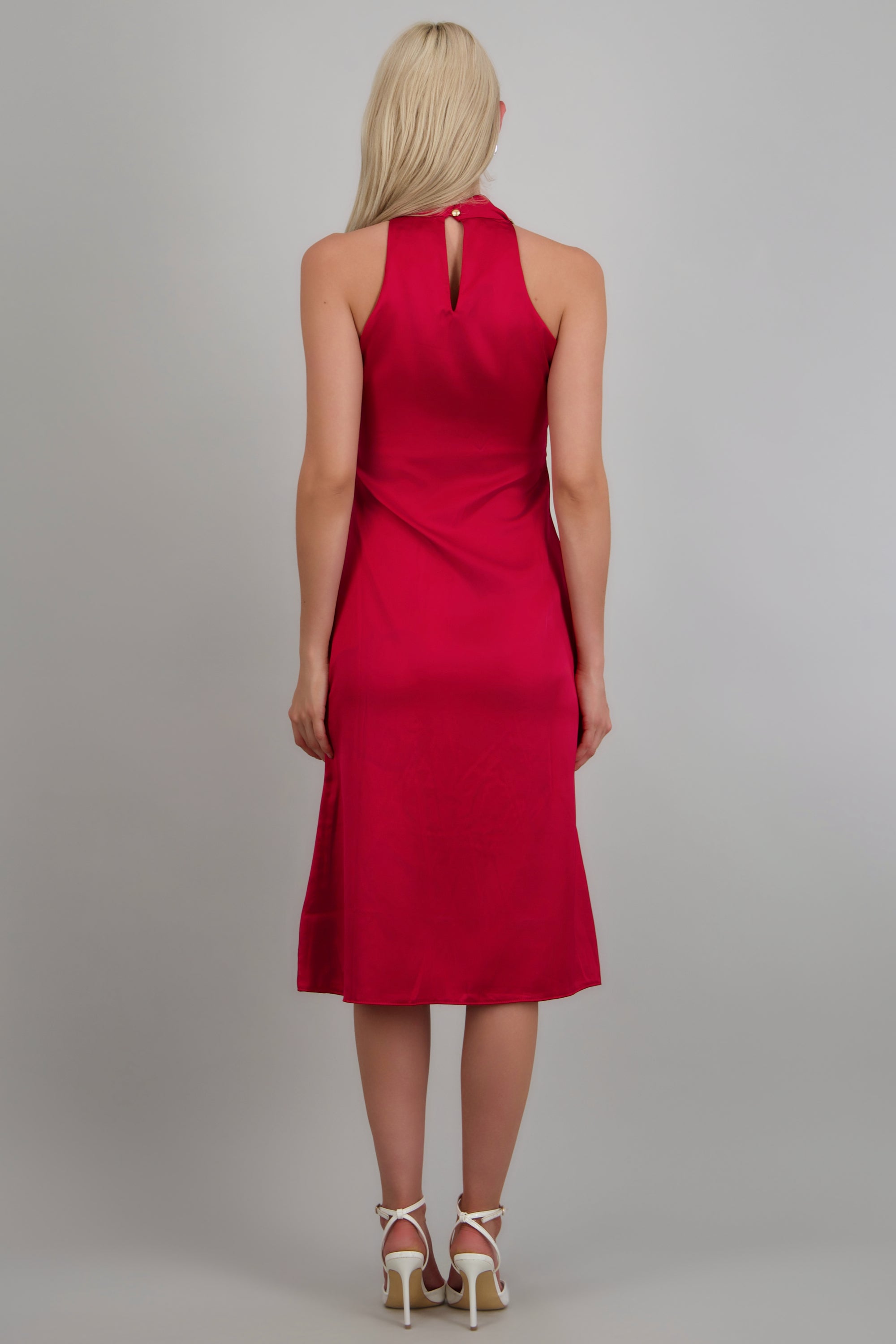 Vestido midi satinado hebilla irregular ROJO QUEMADO