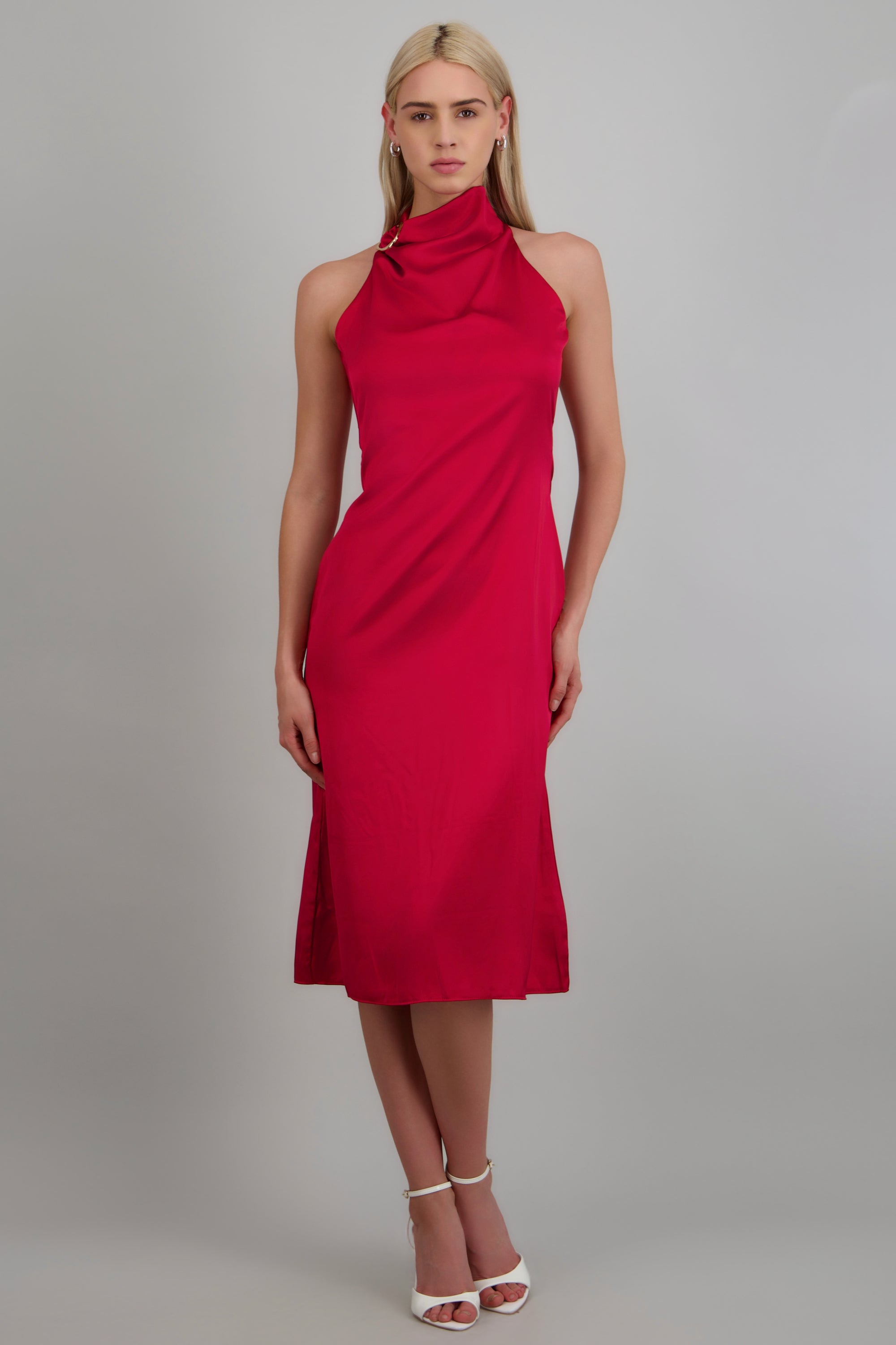 Vestido midi satinado hebilla irregular ROJO QUEMADO