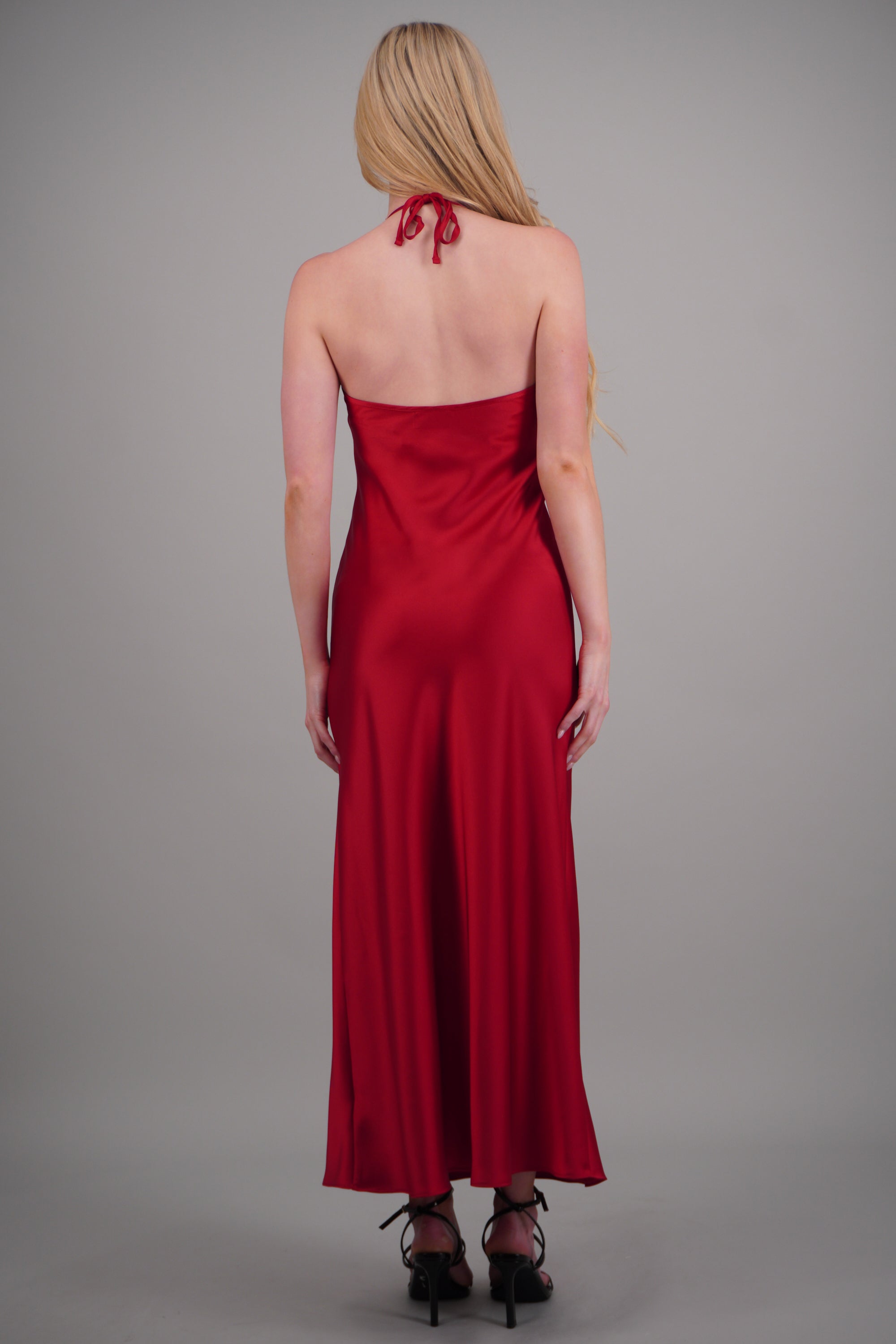 Vestido maxi satin amarre escote ROJO