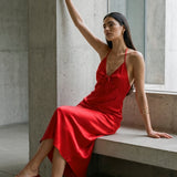 Vestido maxi satin amarre escote