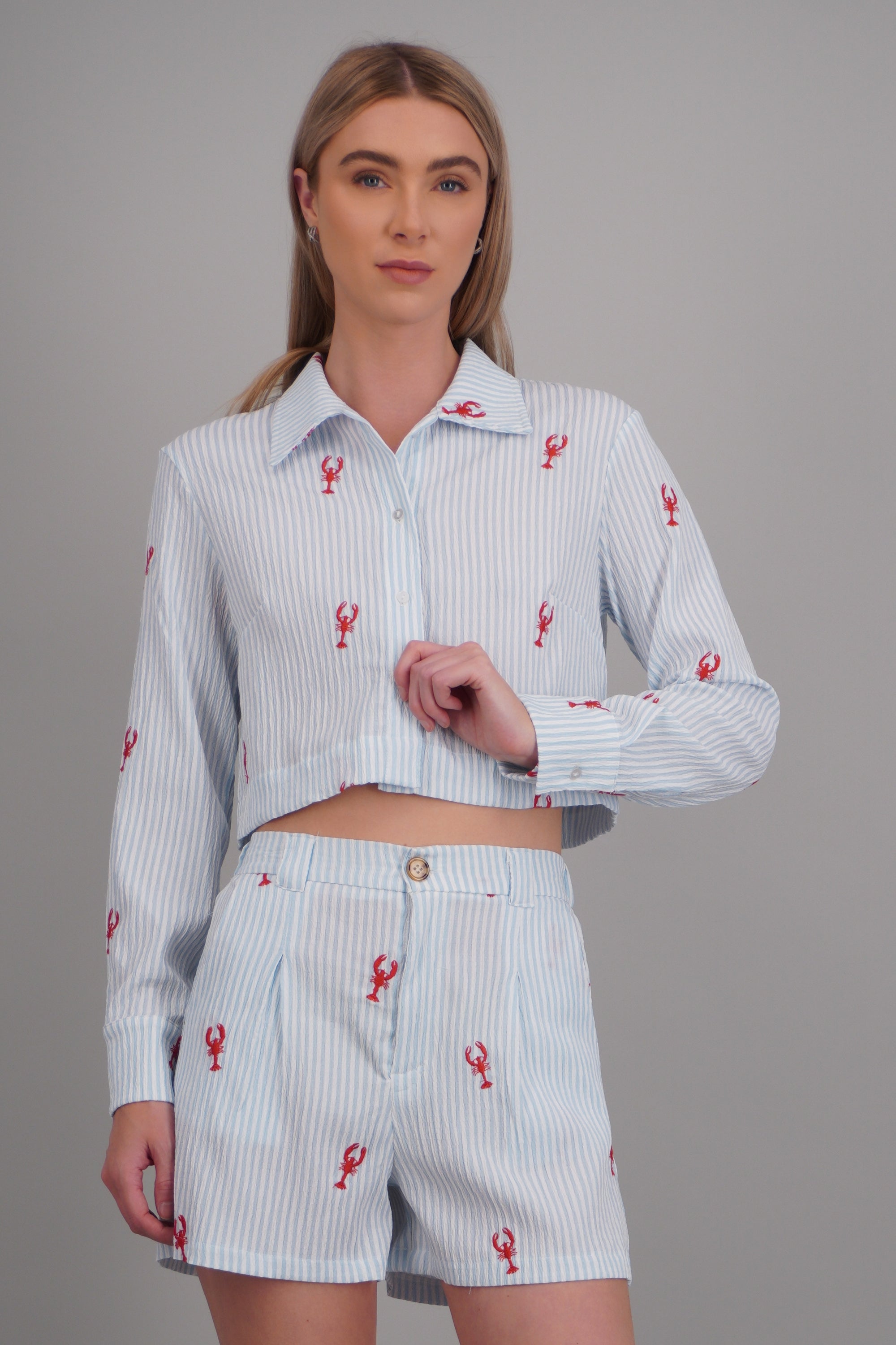 Camisa crop detalle manga AZUL COMBO