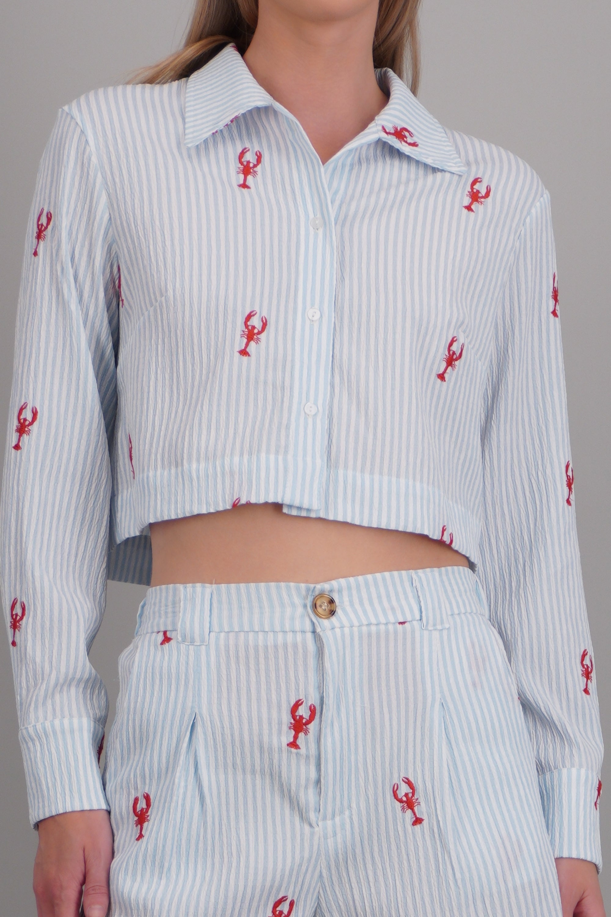 Camisa crop detalle manga AZUL COMBO