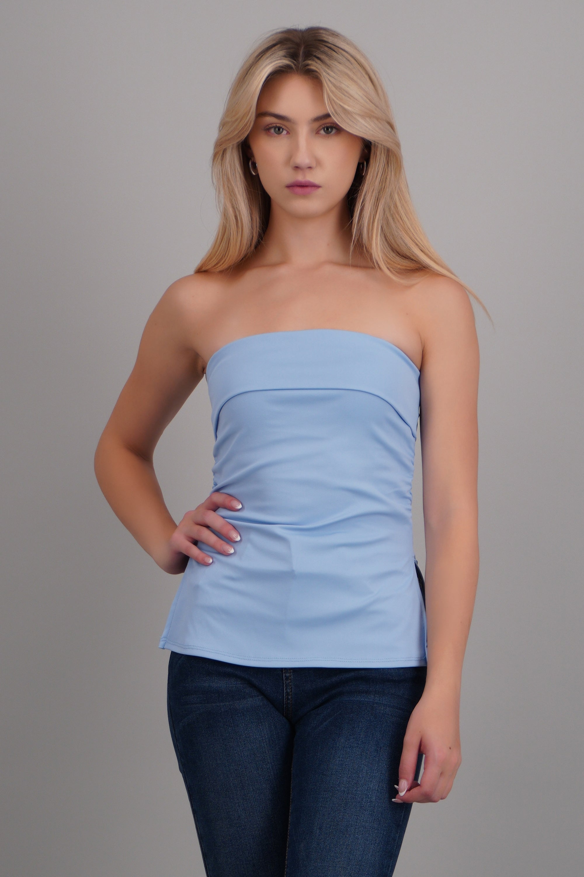 Top drapeado con aberturas AZUL PASTEL
