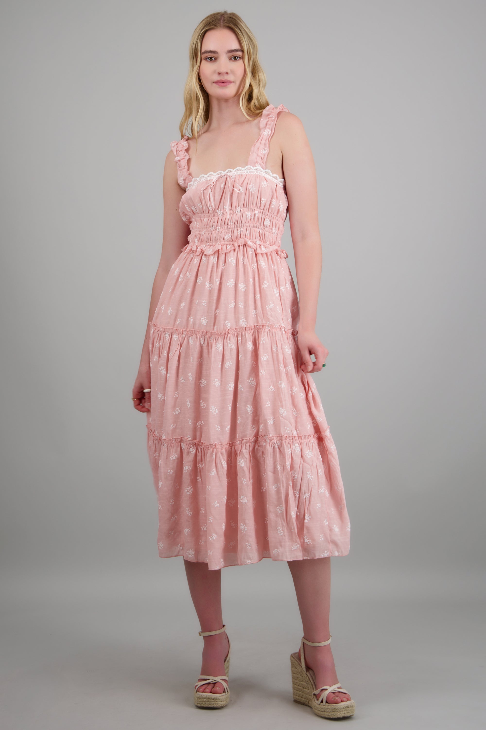 Vestido maxi bloques estampado flores ROSA