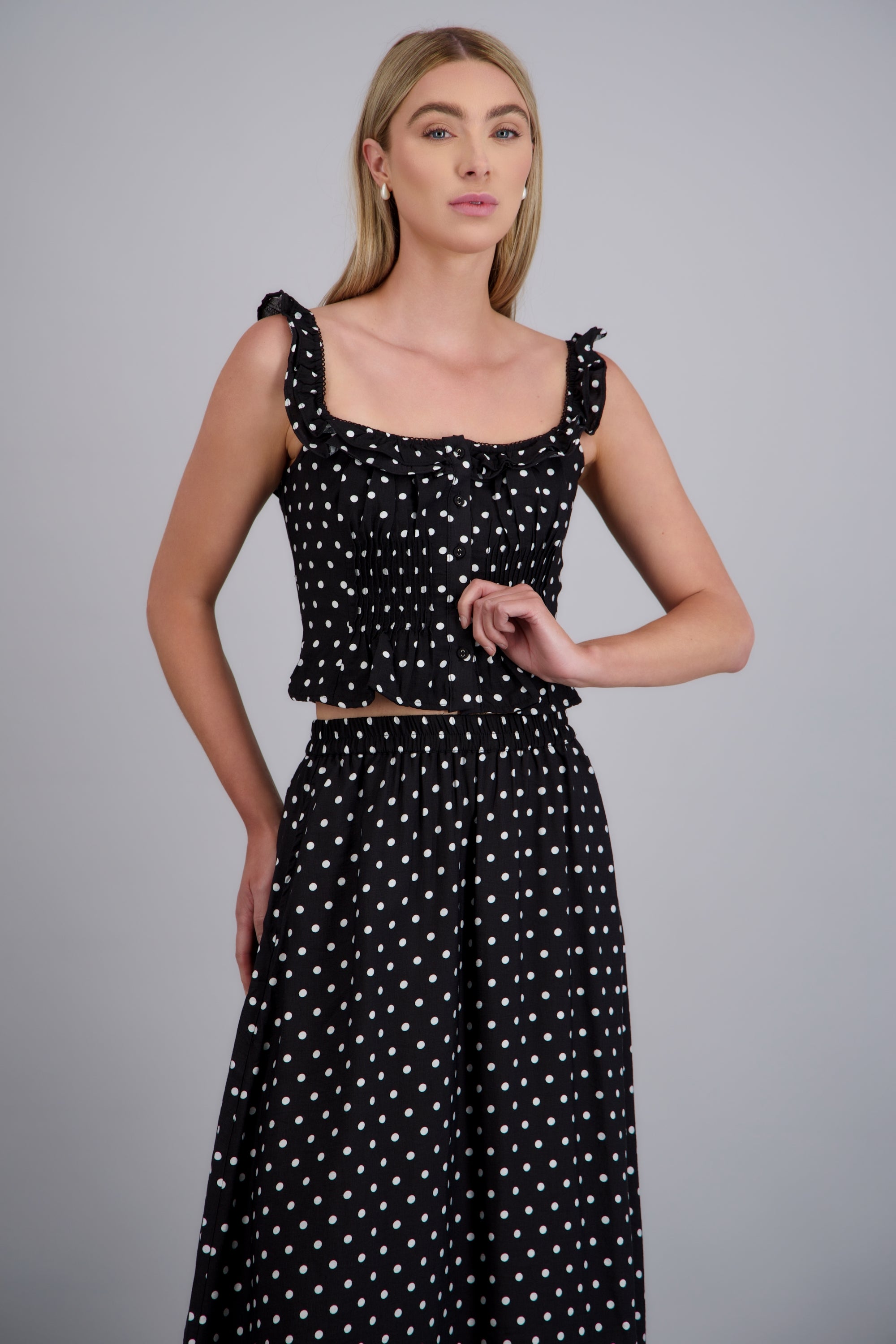 Blusa pliegues cintura polka dots NEGRO COMBO