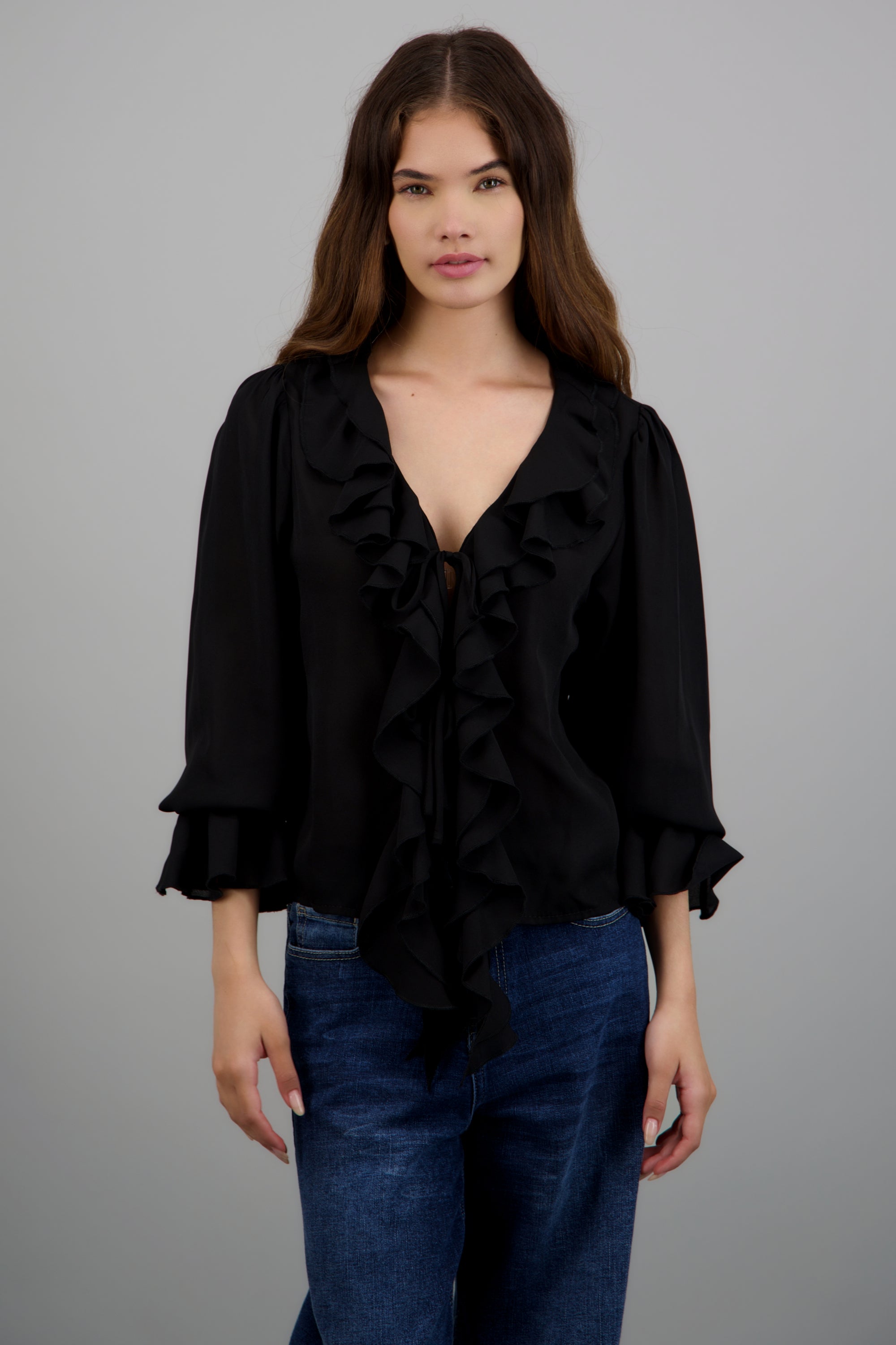 Blusa boho olanes chiffon NEGRO