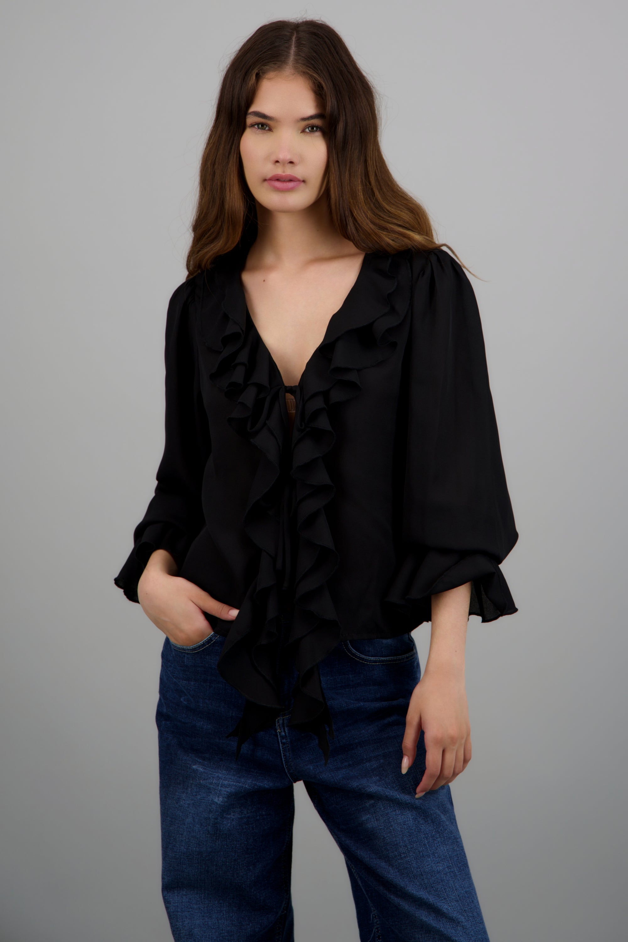 Blusa boho olanes chiffon NEGRO