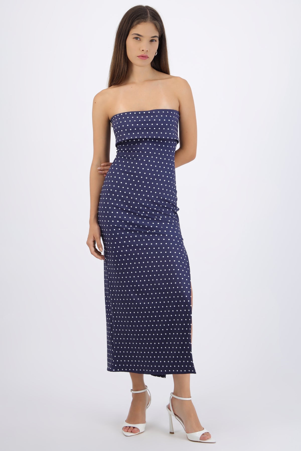 Vestido tubo doblez maxi polka dots AZUL MARINO/BLANCO