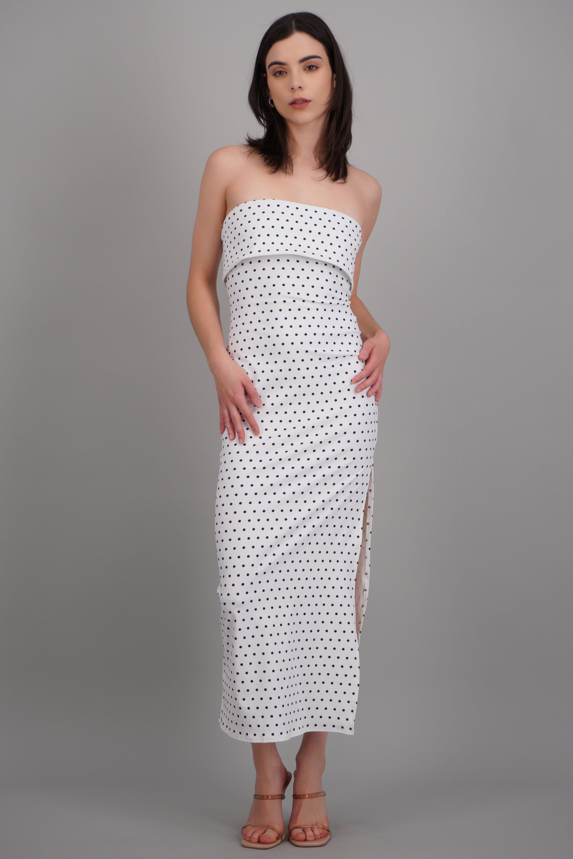 Vestido tubo doblez maxi polka dots BLANCO COMBO