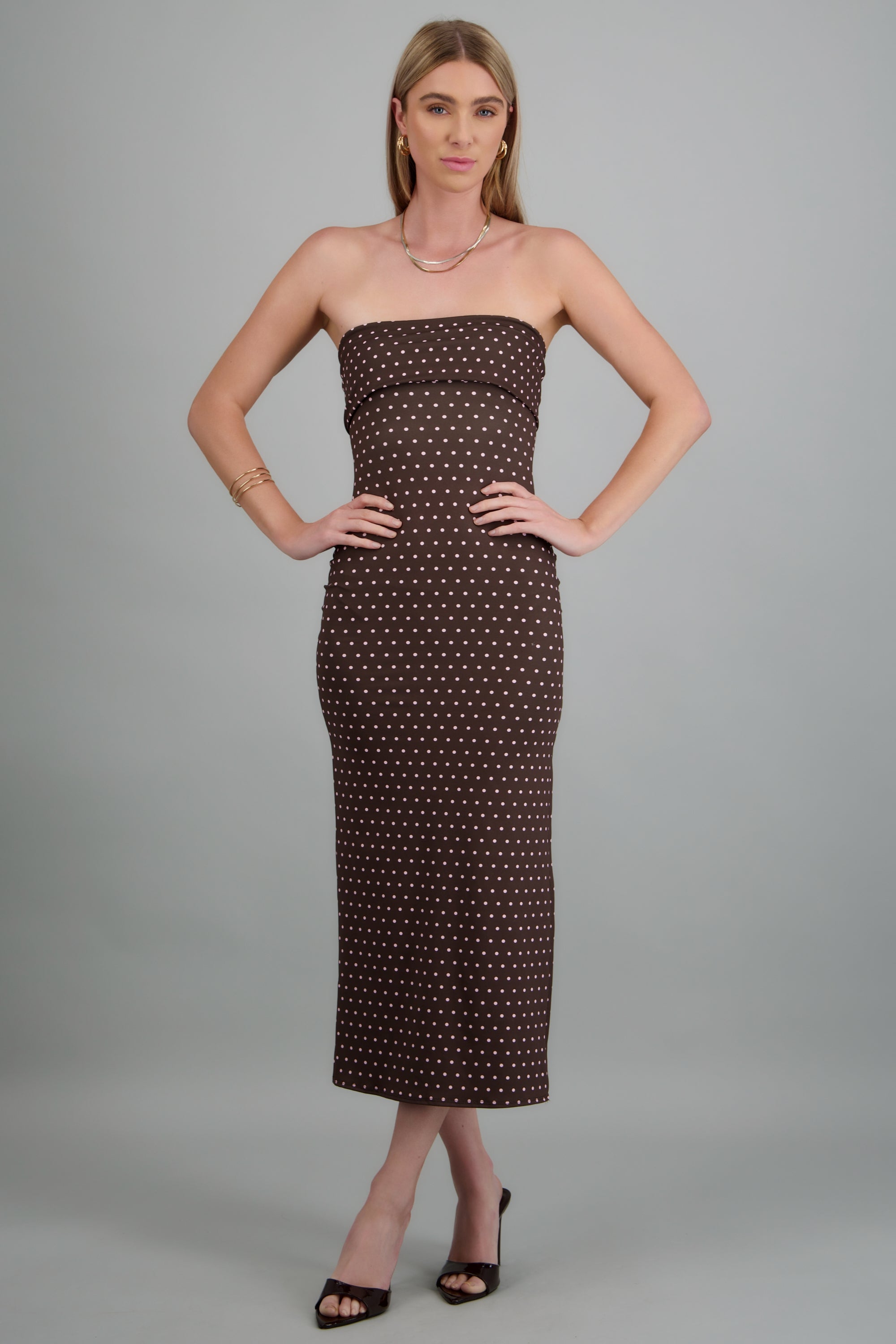 Vestido tubo doblez maxi polka dots CHOCOLATE