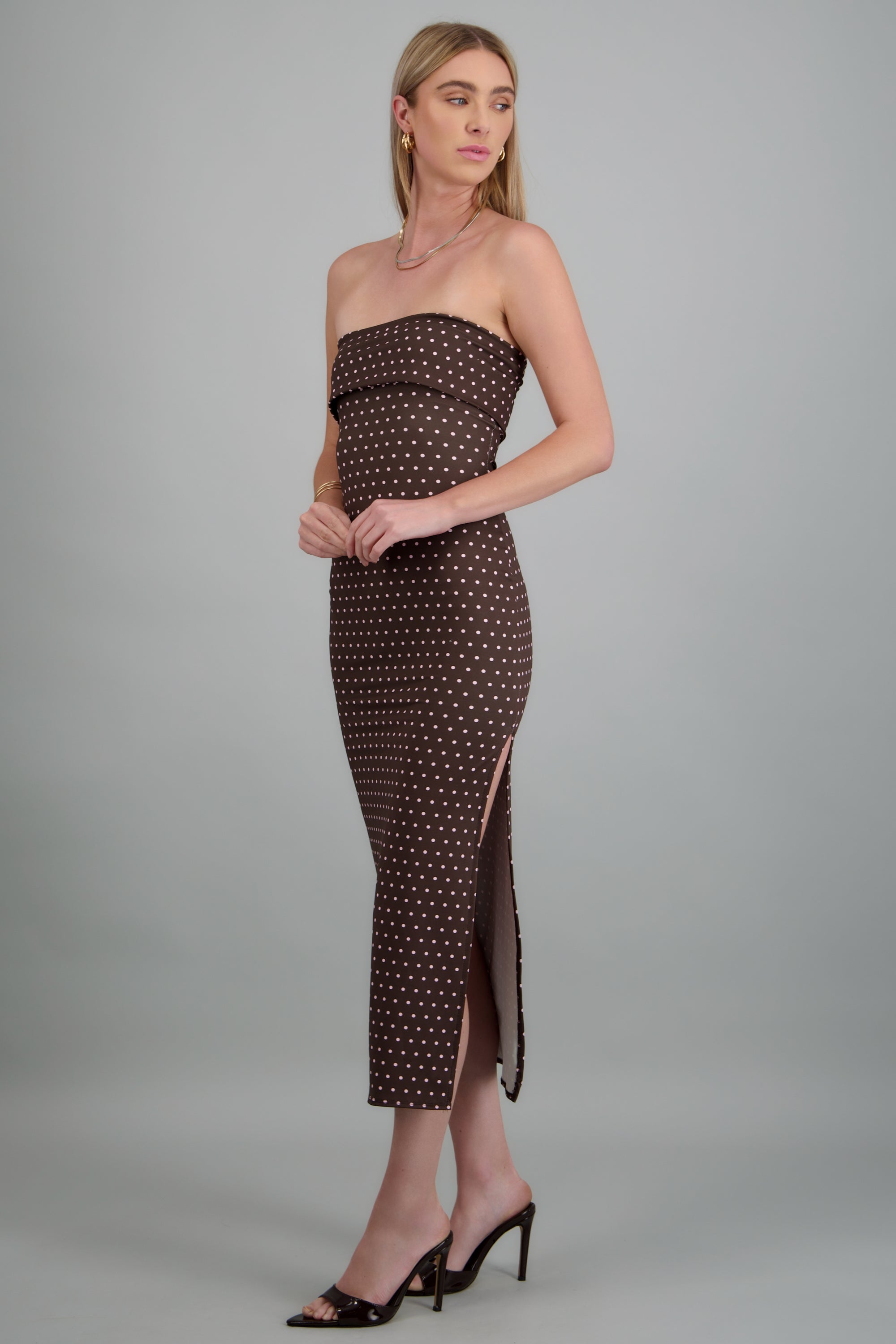 Vestido tubo doblez maxi polka dots CHOCOLATE