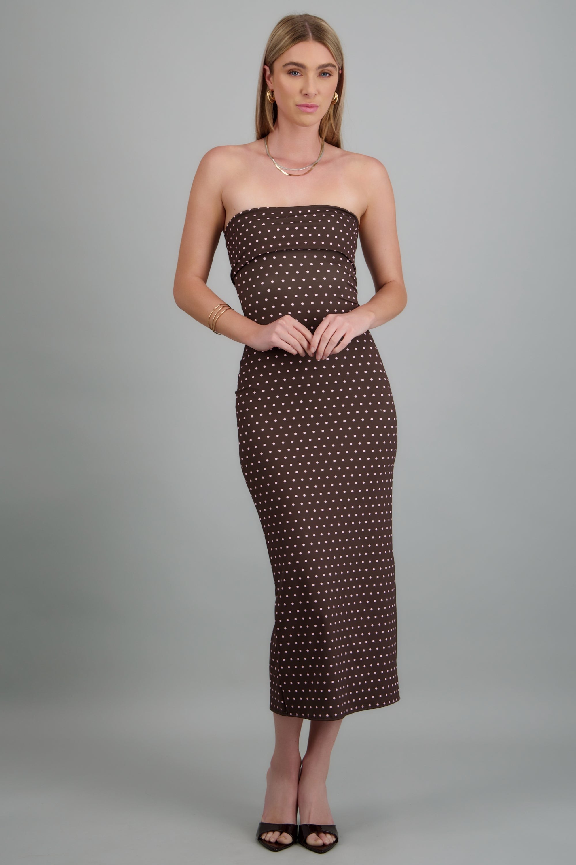 Vestido tubo doblez maxi polka dots CHOCOLATE