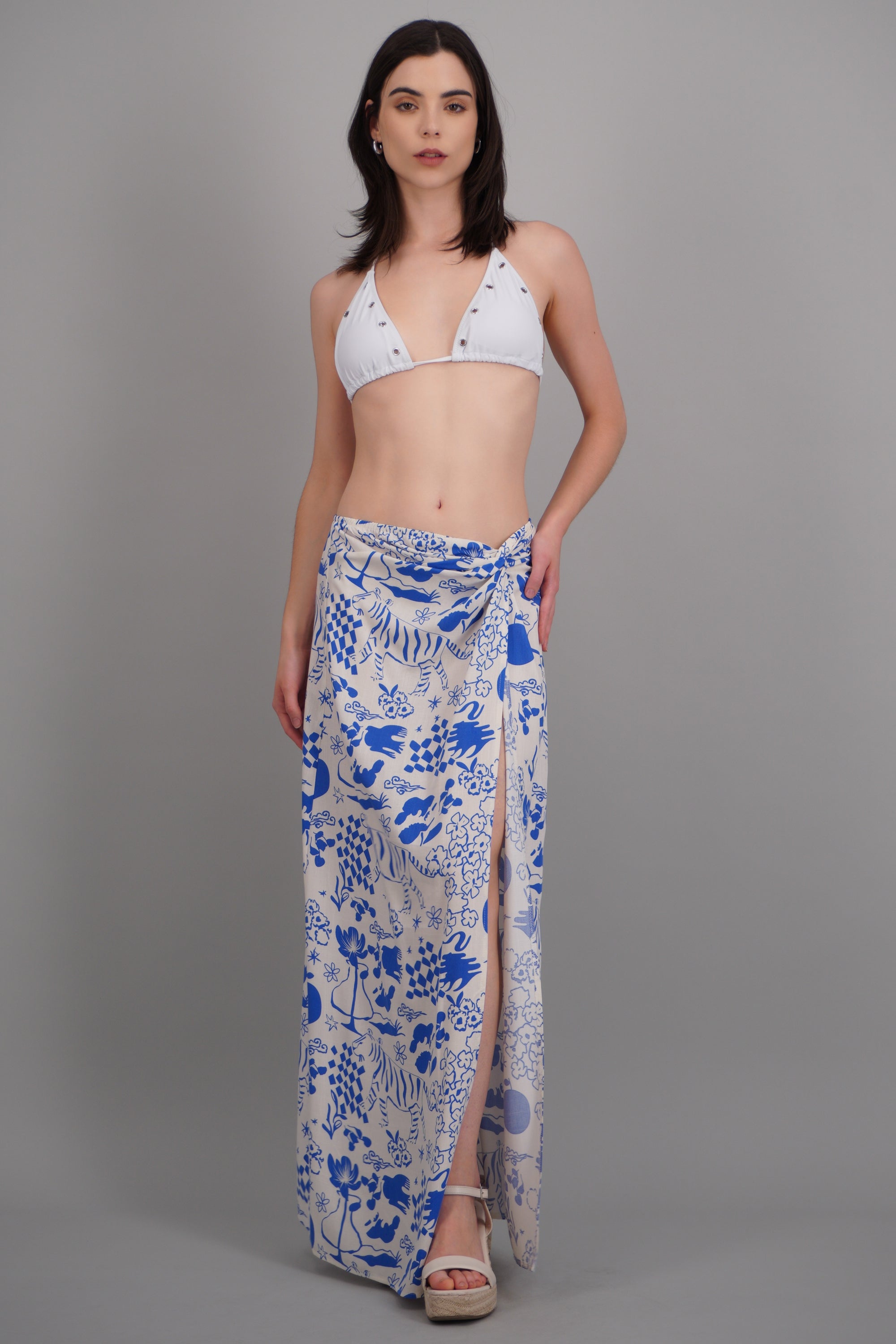 Falda midi pareo estampada abertura AZUL COMBO