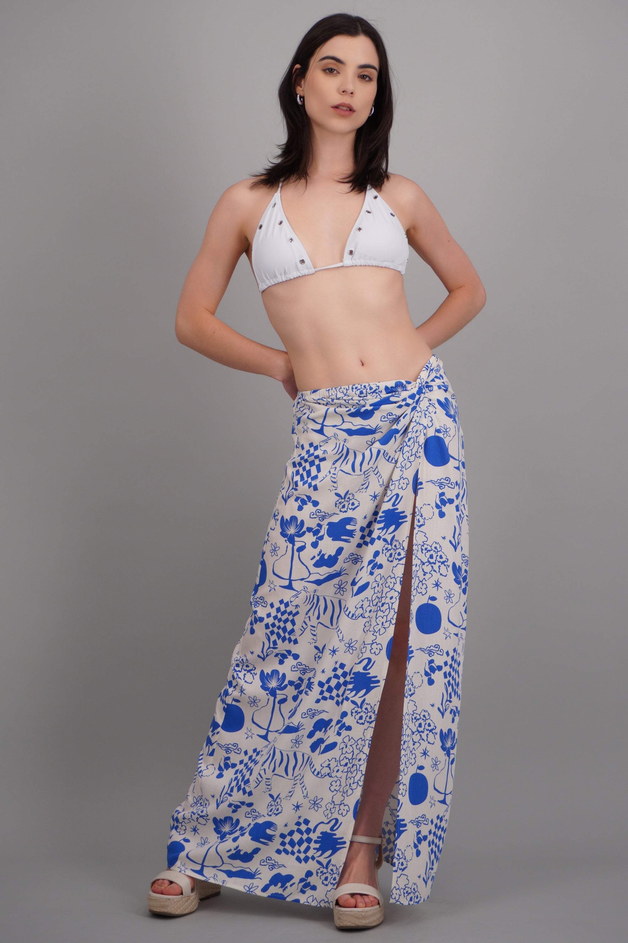 Falda midi pareo estampada abertura AZUL COMBO