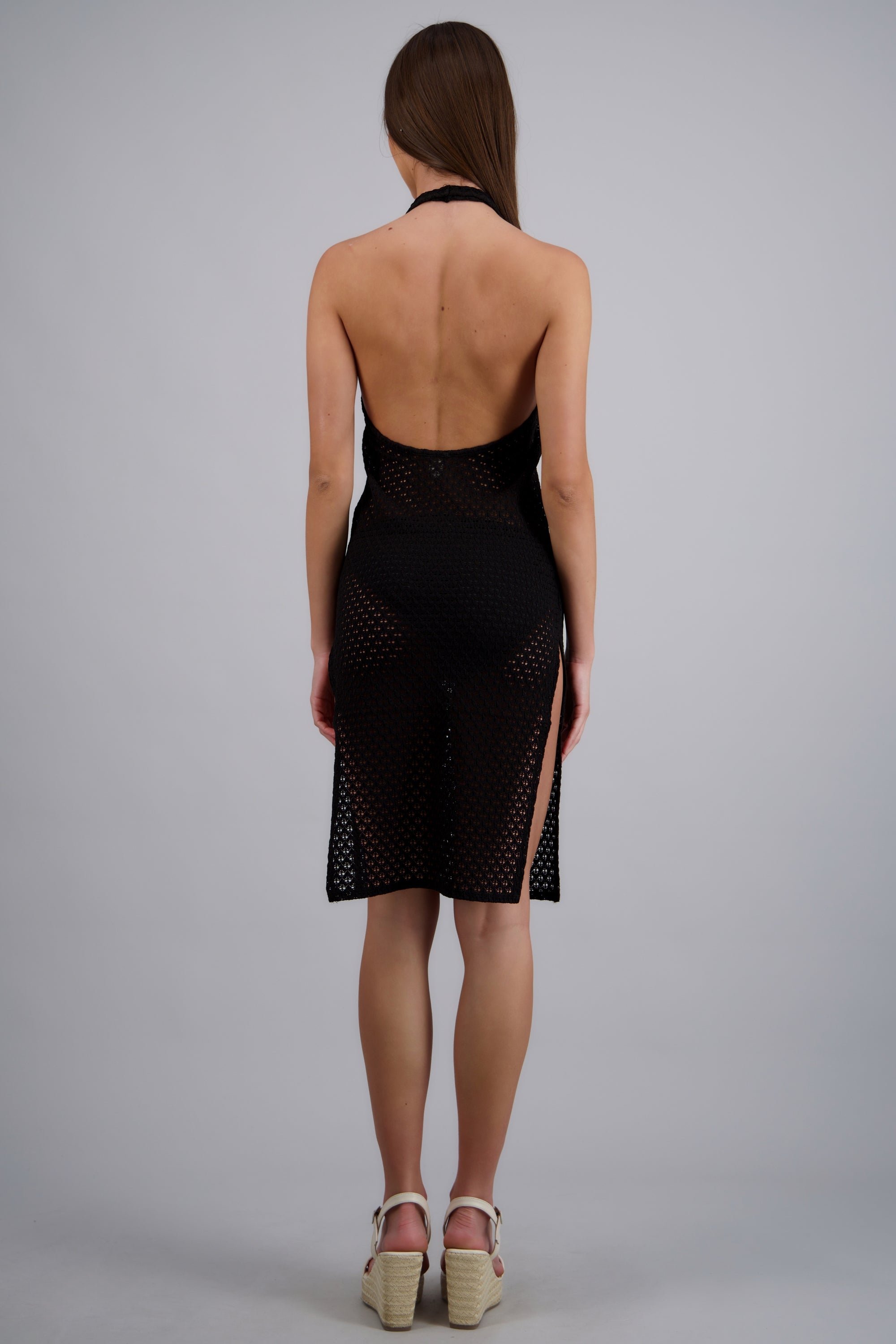 Vestido tejido midi halter detalle aro NEGRO