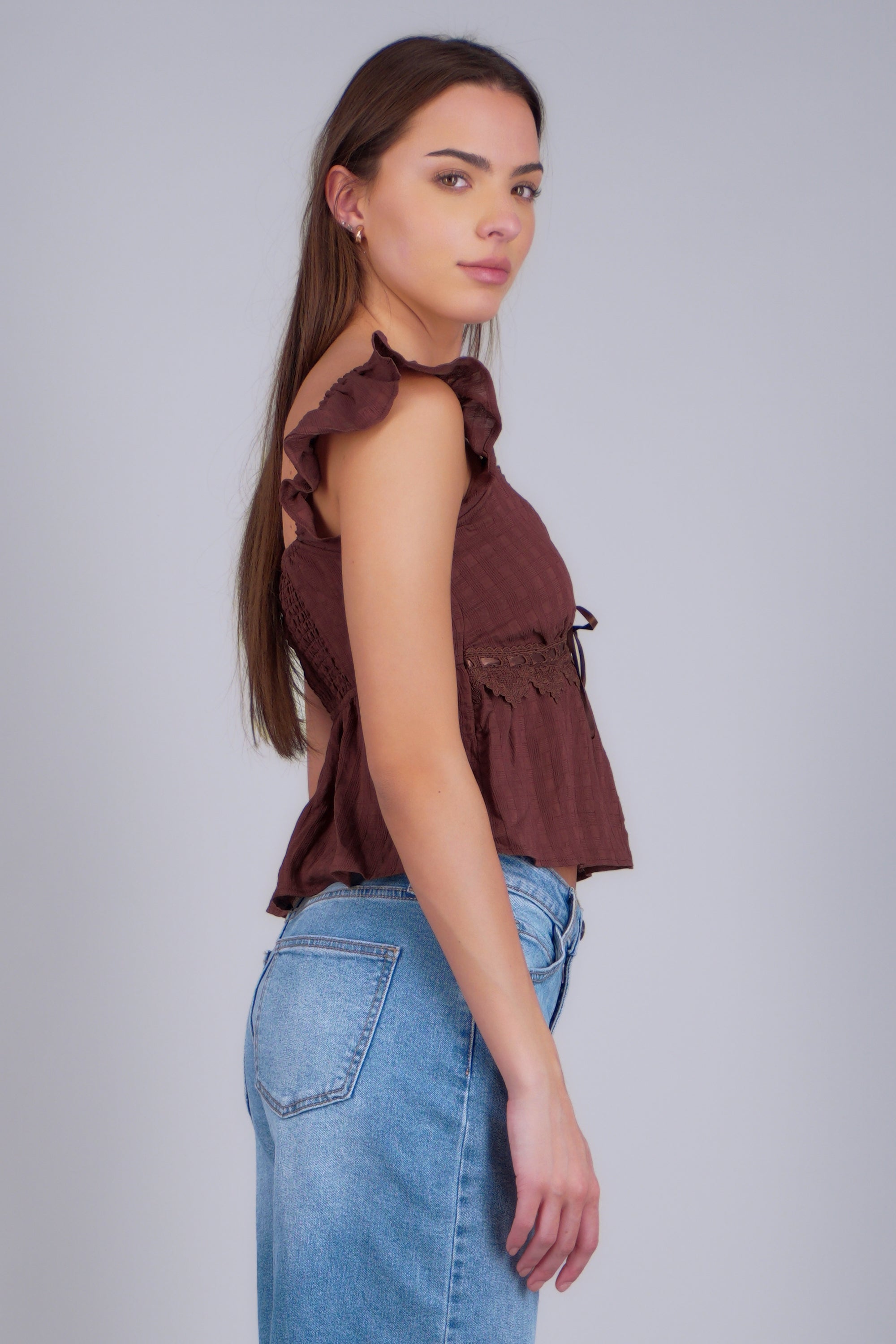 Blusa detalle crochet lisa CAFE