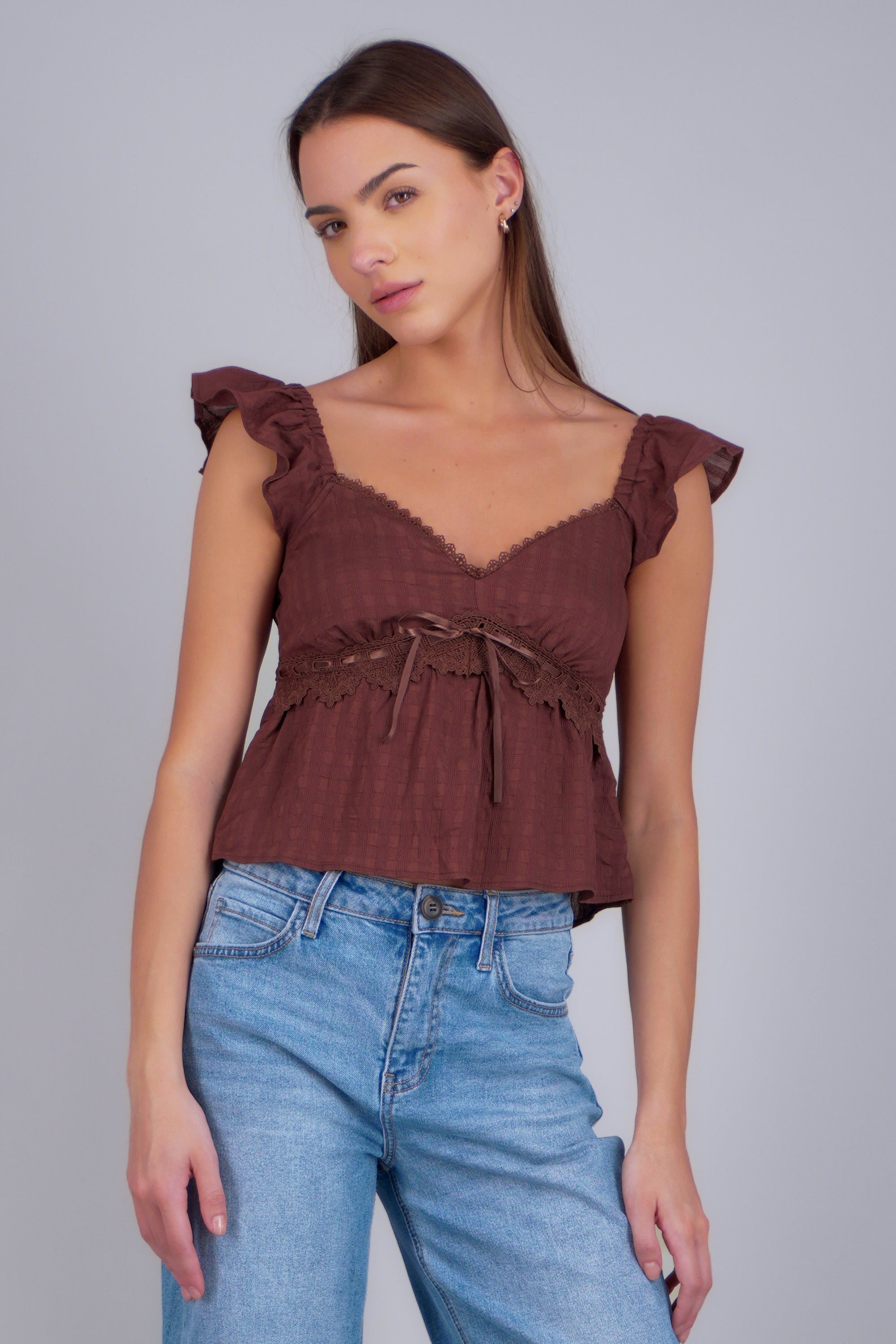 Blusa detalle crochet lisa CAFE