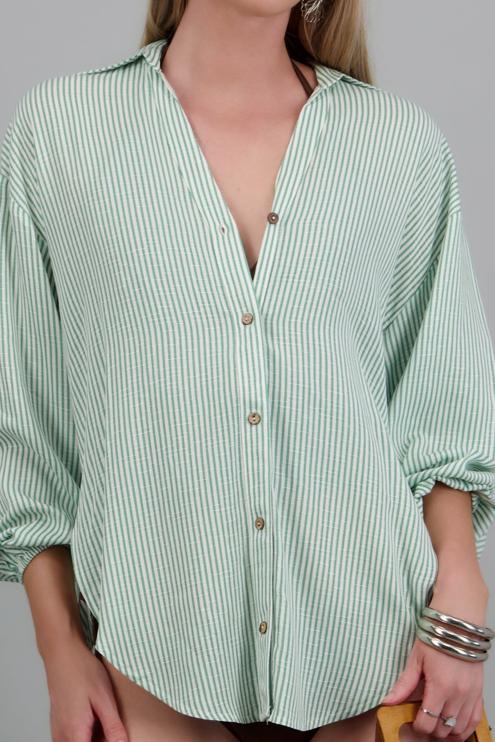 Camisa manga larga ligera rayas VERDE COMBO