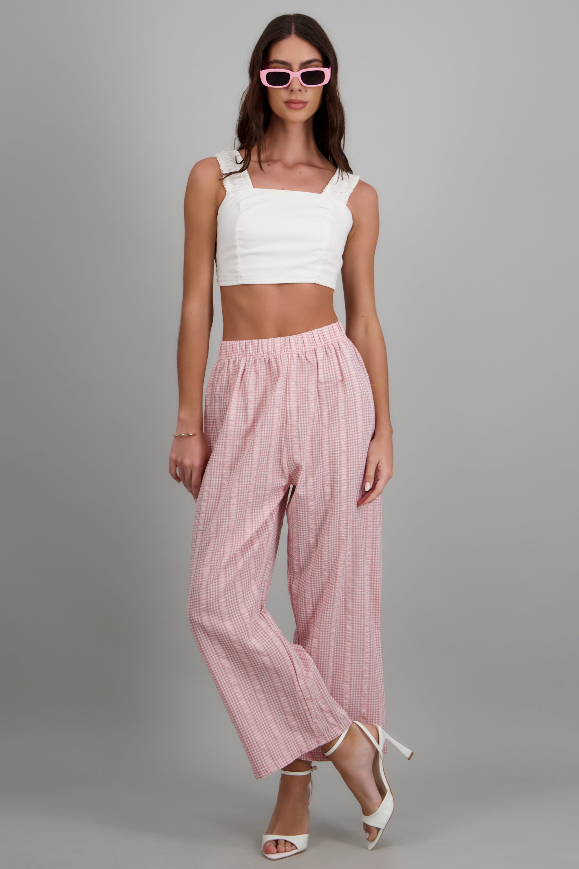 Pantalones mini cuadros tela con textura ROSA