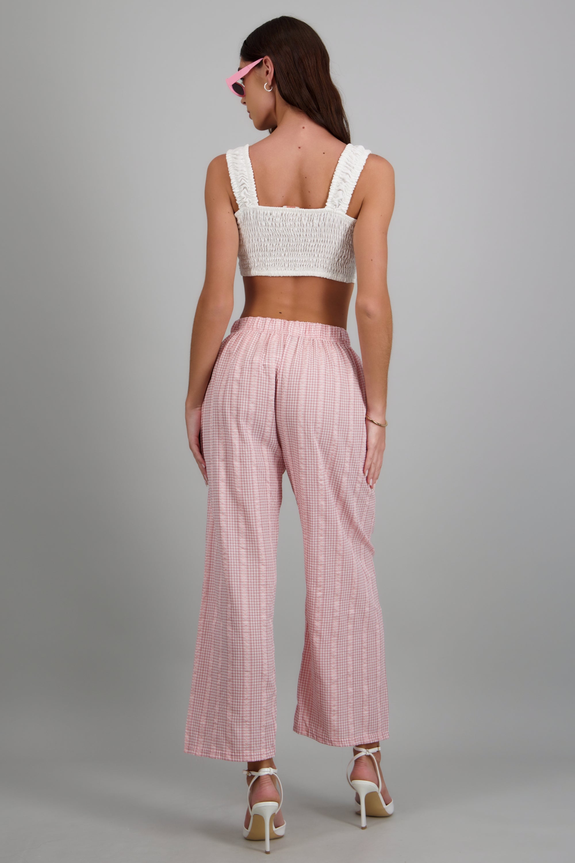 Pantalones mini cuadros tela con textura ROSA