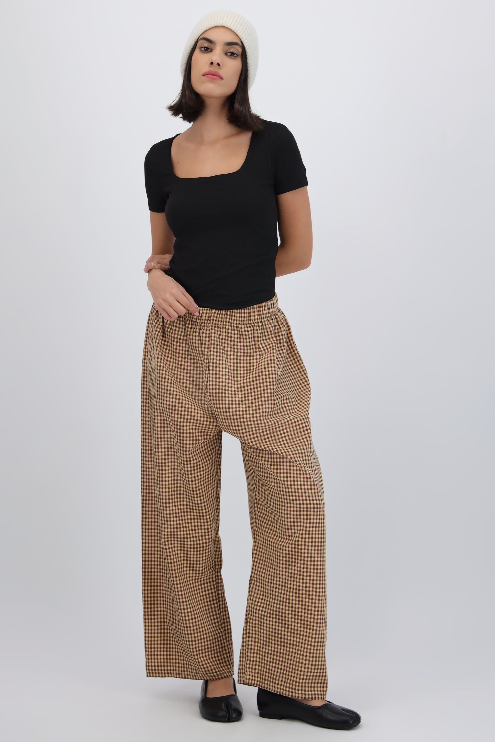 Pantalones mini cuadros pierna amplia CAFE COMBO