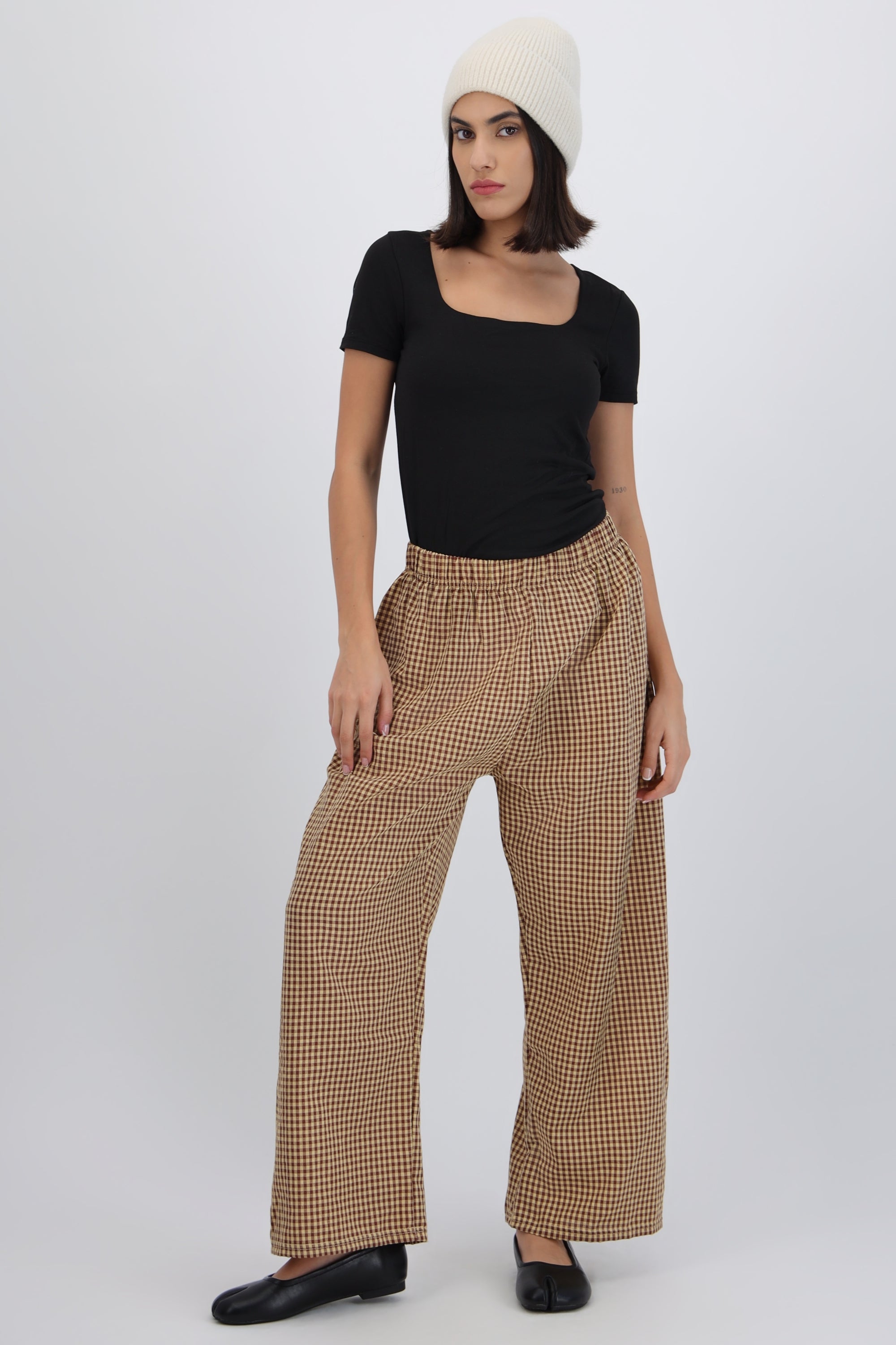 Pantalones mini cuadros pierna amplia CAFE COMBO