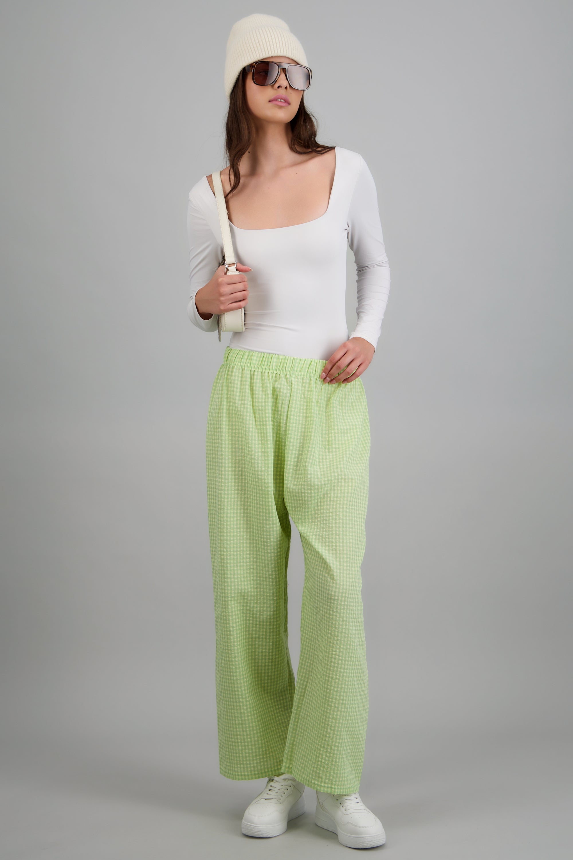 Pantalones mini cuadros pierna amplia VERDE COMBO