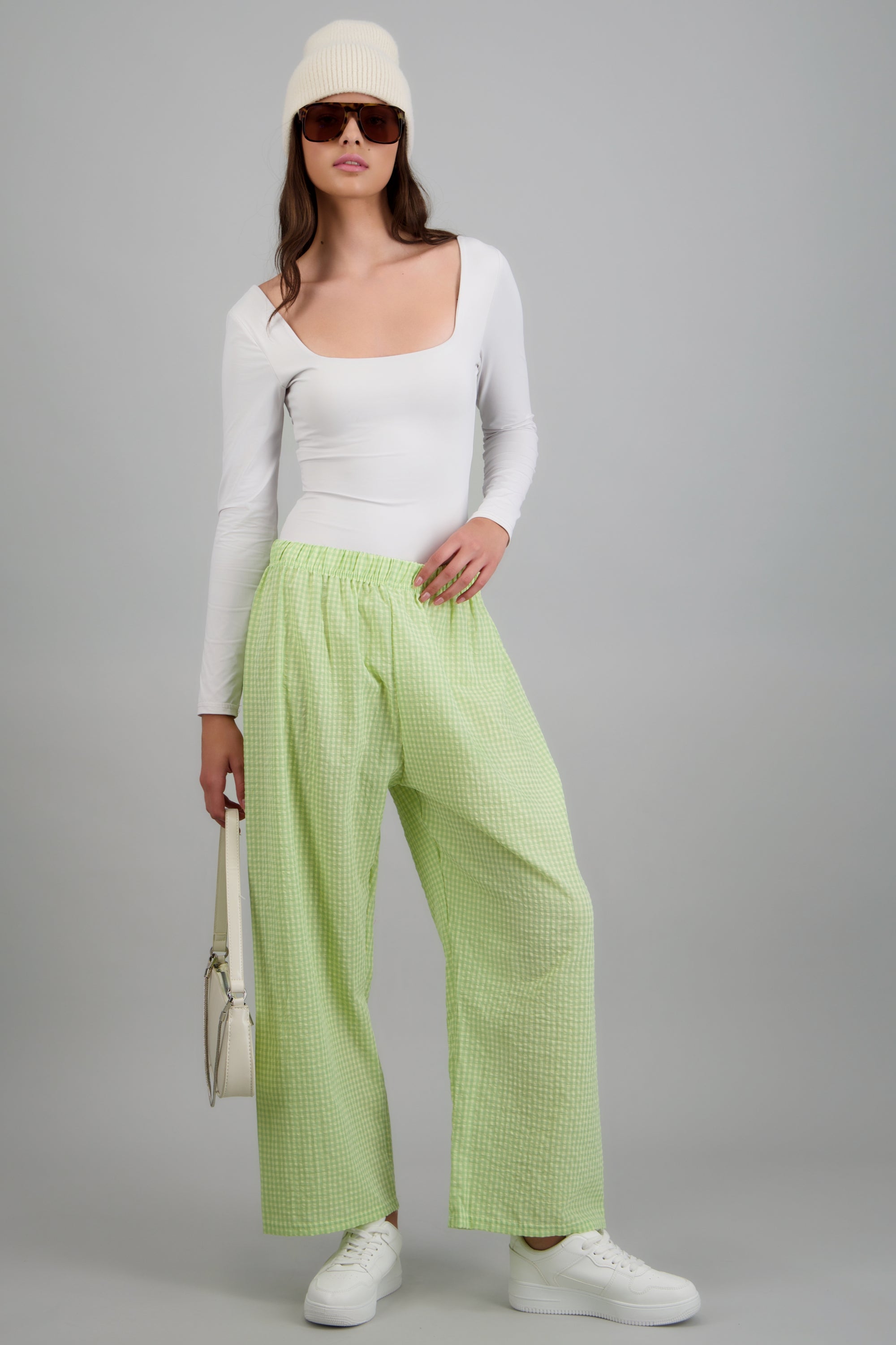Pantalones mini cuadros pierna amplia VERDE COMBO