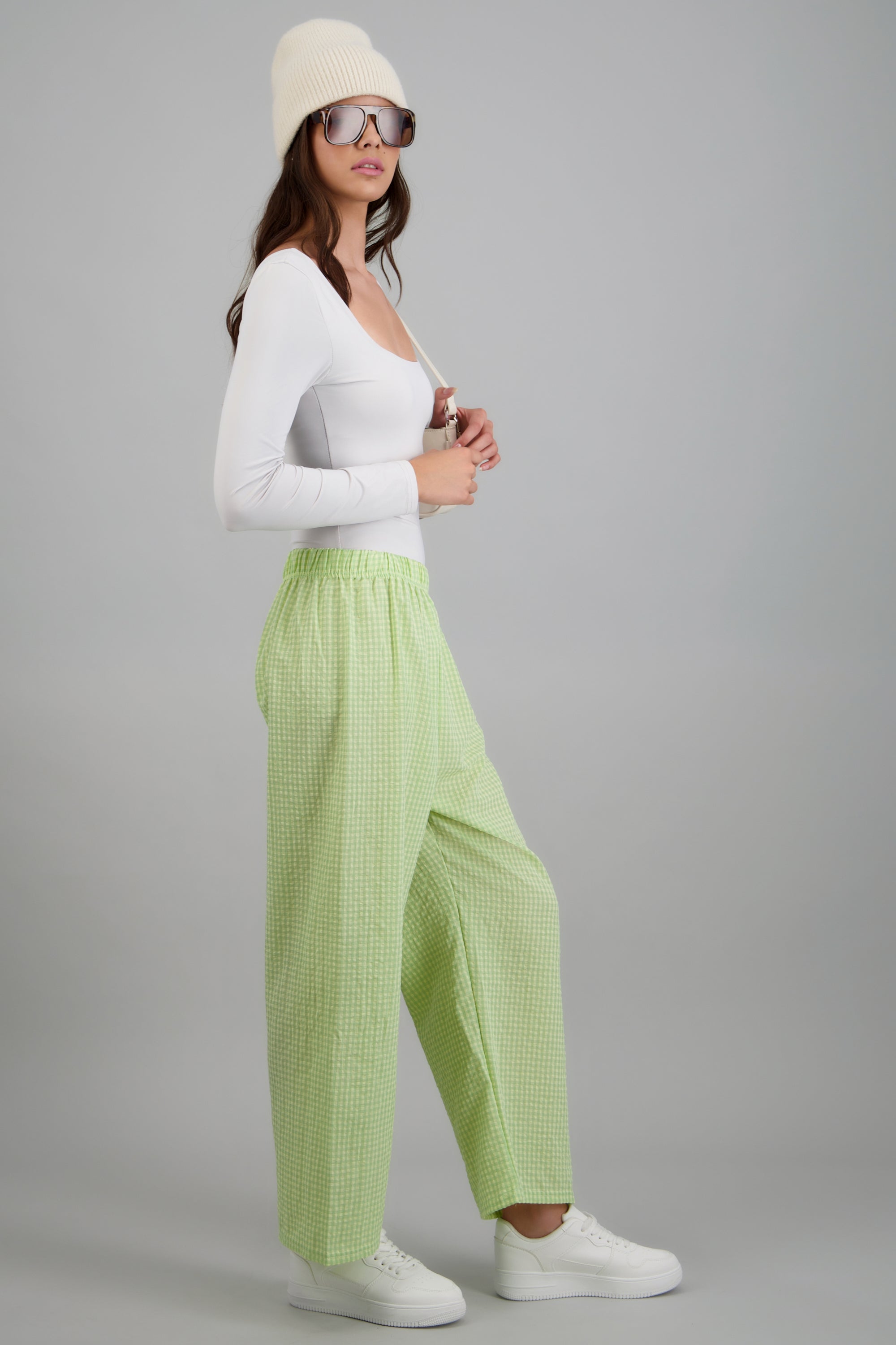 Pantalones mini cuadros pierna amplia VERDE COMBO