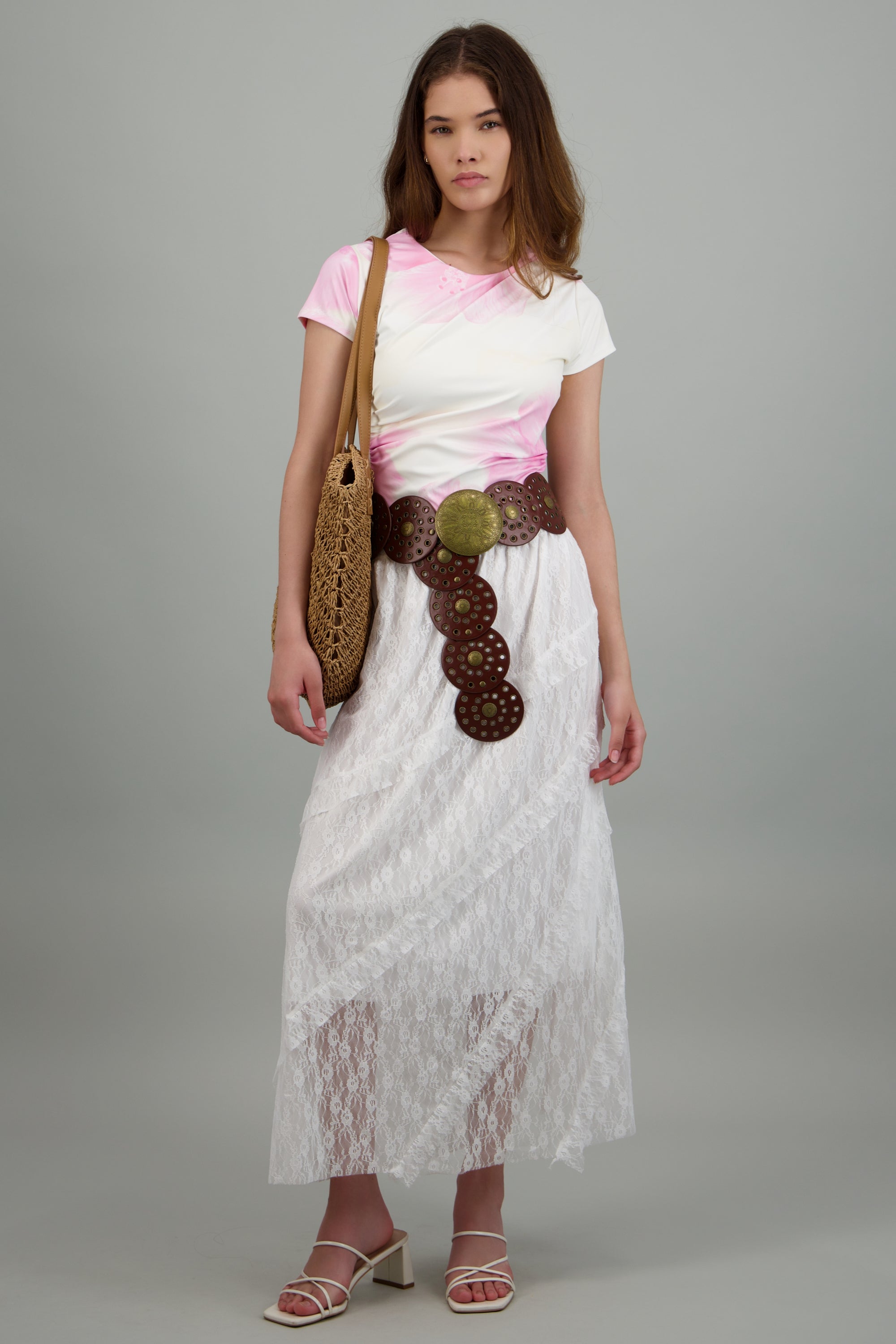 Falda midi de encaje con olanes asimetricos BLANCO