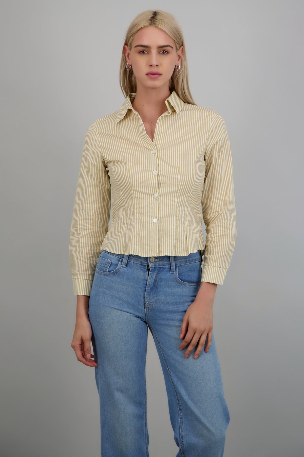 Camisa manga larga pinzas detalle rayas BEIGE